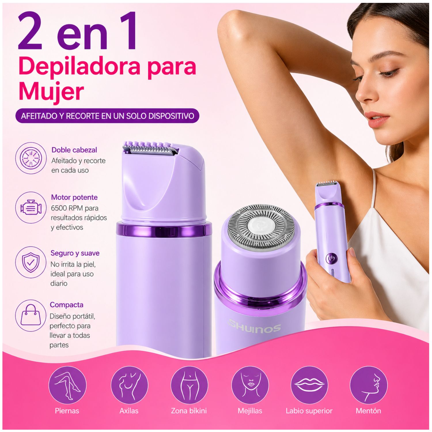 DEPILADORA MUJER 2 EN 1 RECARGABLE USB FACIAL BIKINI SIN DOLOR - 2