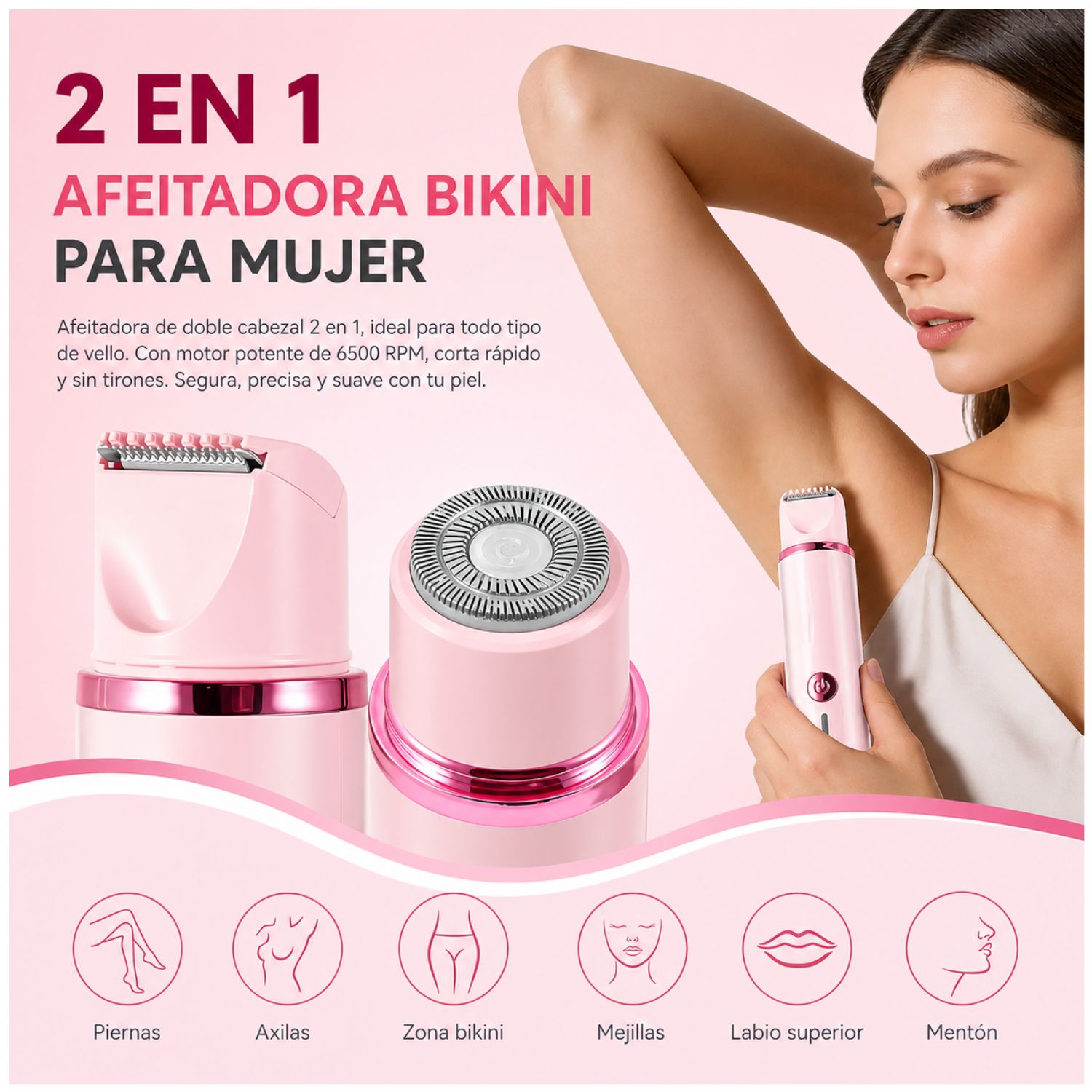 DEPILADORA CORPORAL MUJER PORTÁTIL 2 EN 1 RECORTADORA Y RASURADORA SIN DOLOR - 2