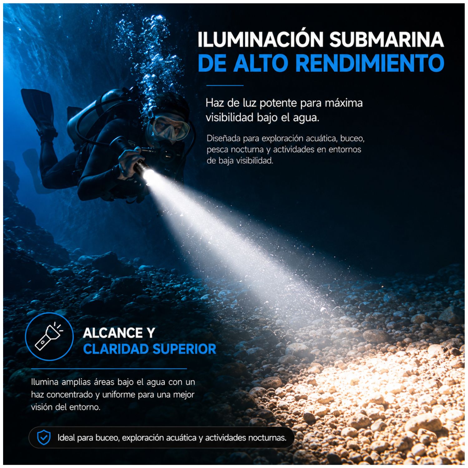 LINTERNA DE BUCEO PROFESIONAL IPX8 2500 LÚMENES RECARGABLE PARA PESCA SUBMARINA RESCATE Y EXPLORACIÓN - 3