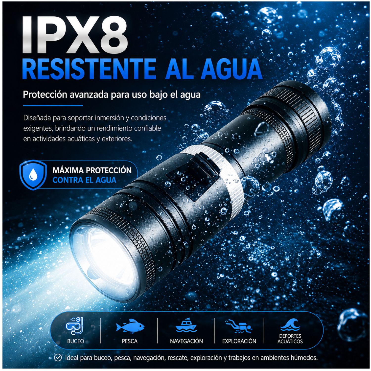 LINTERNA DE BUCEO PROFESIONAL IPX8 2500 LÚMENES RECARGABLE PARA PESCA SUBMARINA RESCATE Y EXPLORACIÓN - 5
