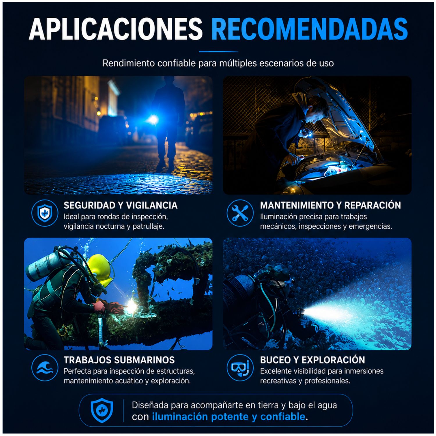 LINTERNA DE BUCEO PROFESIONAL IPX8 2500 LÚMENES RECARGABLE PARA PESCA SUBMARINA RESCATE Y EXPLORACIÓN - 6