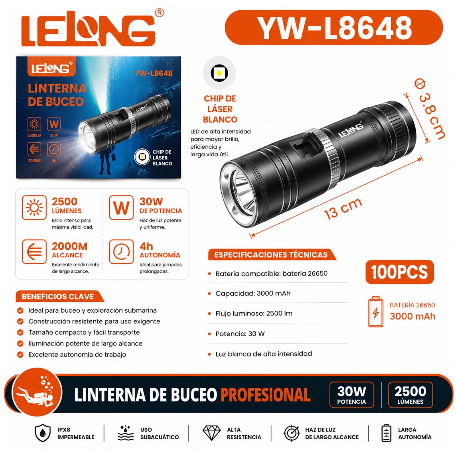 LINTERNA DE BUCEO PROFESIONAL IPX8 2500 LÚMENES RECARGABLE PARA PESCA SUBMARINA RESCATE Y EXPLORACIÓN - 7