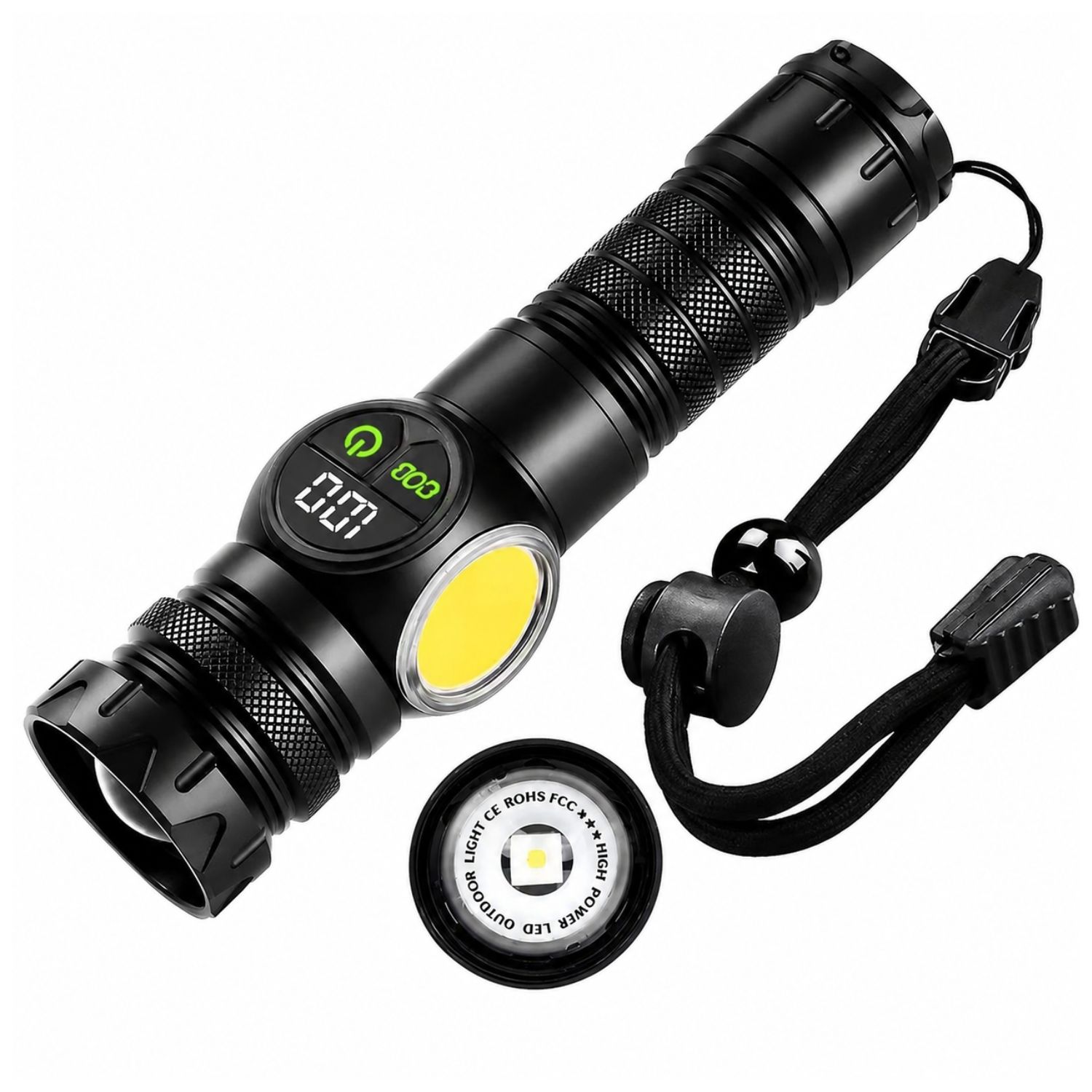 LINTERNA TÁCTICA PROFESIONAL 2000LM RECARGABLE USB-C CON IMÁN POTENTE LUZ COB ZOOM AJUSTABLE Y POWER BANK - 1