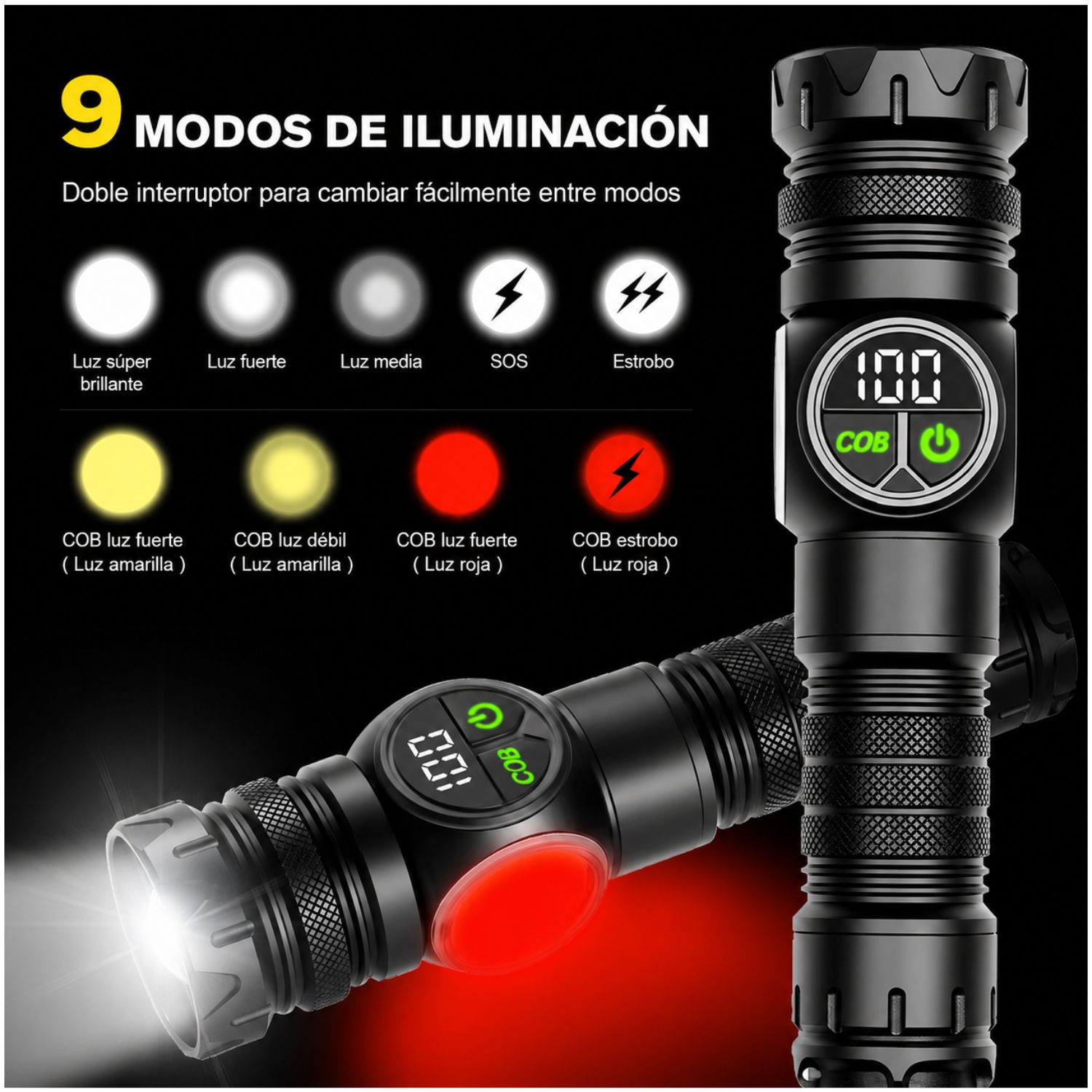 LINTERNA TÁCTICA PROFESIONAL 2000LM RECARGABLE USB-C CON IMÁN POTENTE LUZ COB ZOOM AJUSTABLE Y POWER BANK - 4