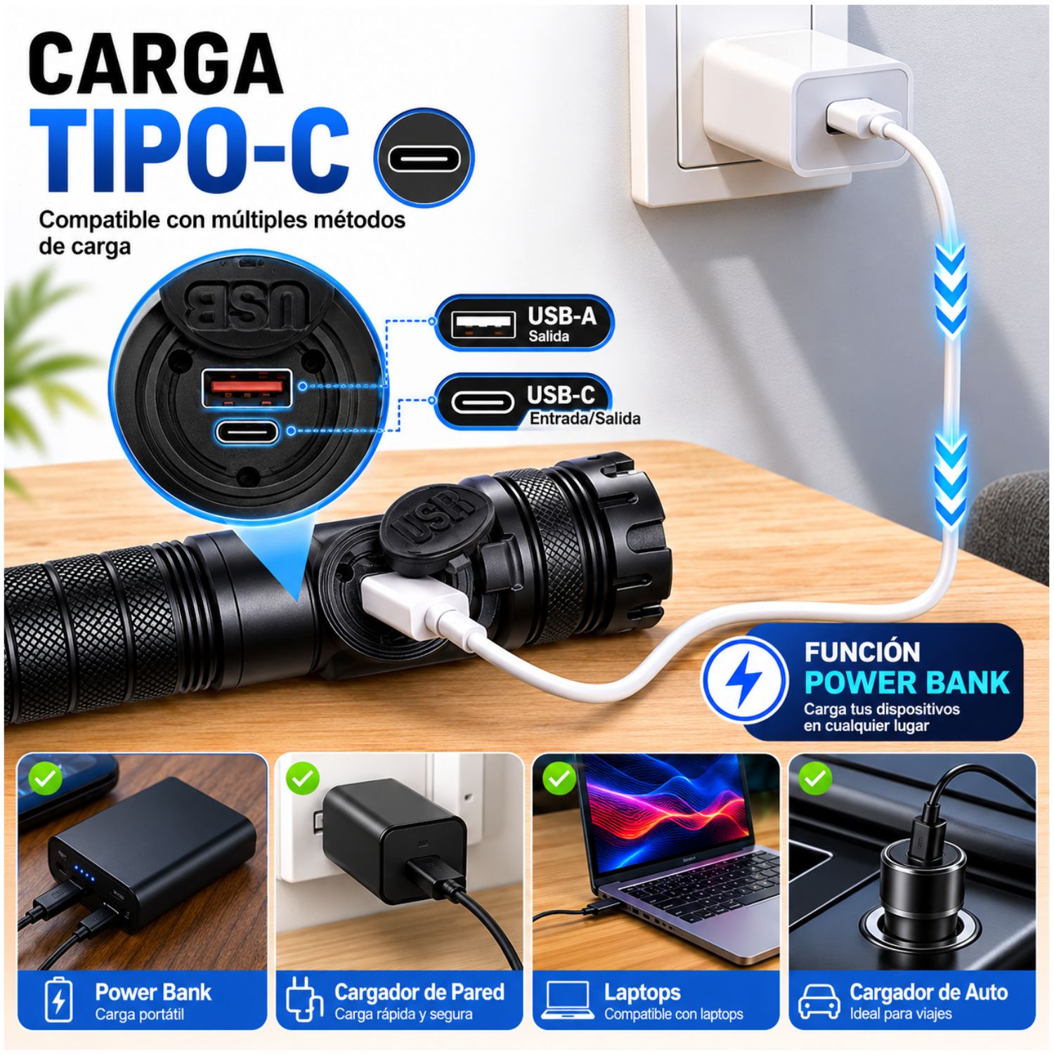 LINTERNA TÁCTICA PROFESIONAL 2000LM RECARGABLE USB-C CON IMÁN POTENTE LUZ COB ZOOM AJUSTABLE Y POWER BANK - 5