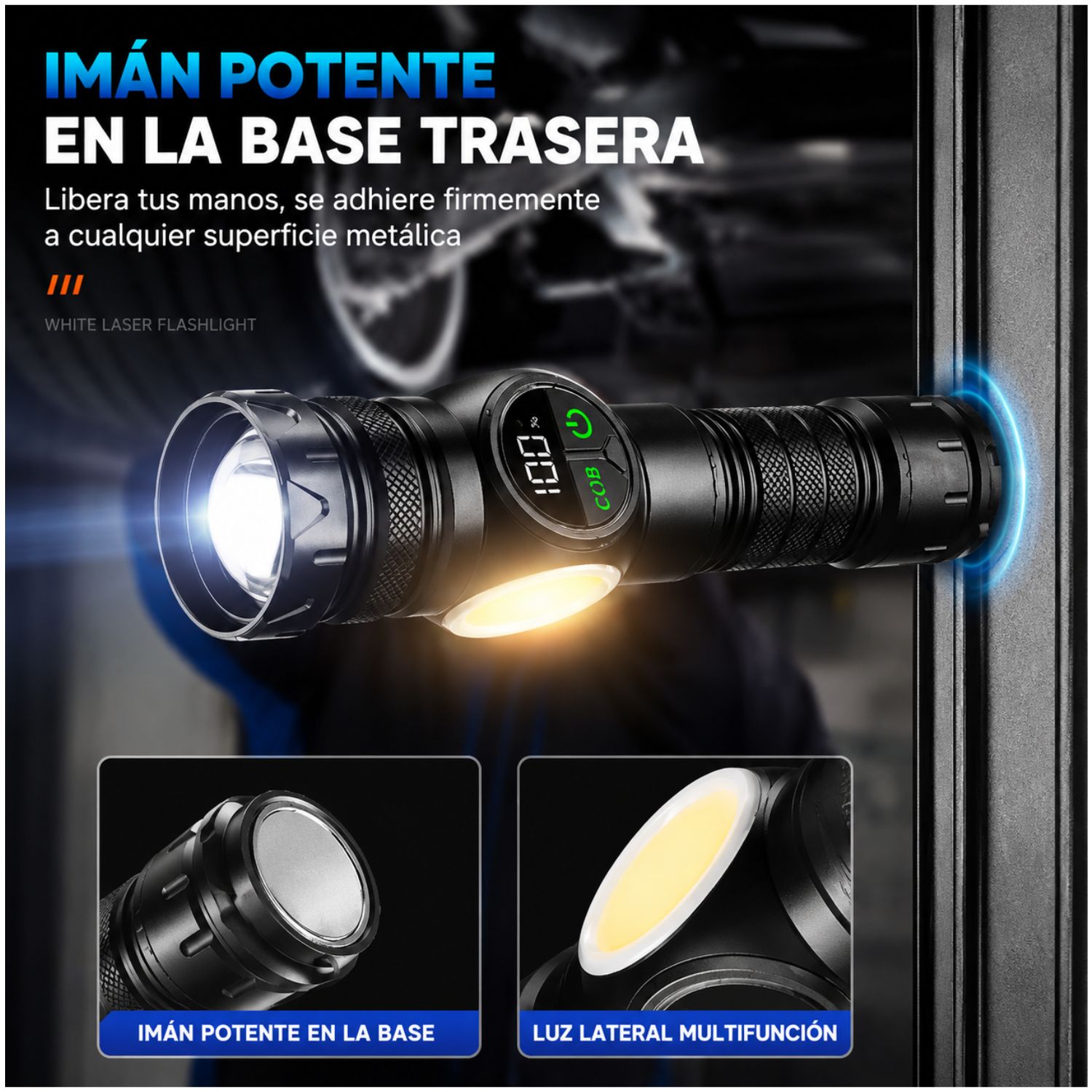 LINTERNA TÁCTICA PROFESIONAL 2000LM RECARGABLE USB-C CON IMÁN POTENTE LUZ COB ZOOM AJUSTABLE Y POWER BANK - 6