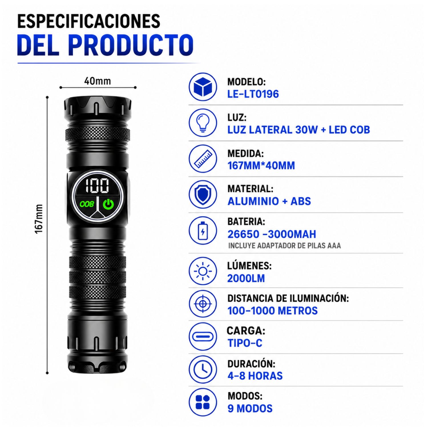 LINTERNA TÁCTICA PROFESIONAL 2000LM RECARGABLE USB-C CON IMÁN POTENTE LUZ COB ZOOM AJUSTABLE Y POWER BANK - 7