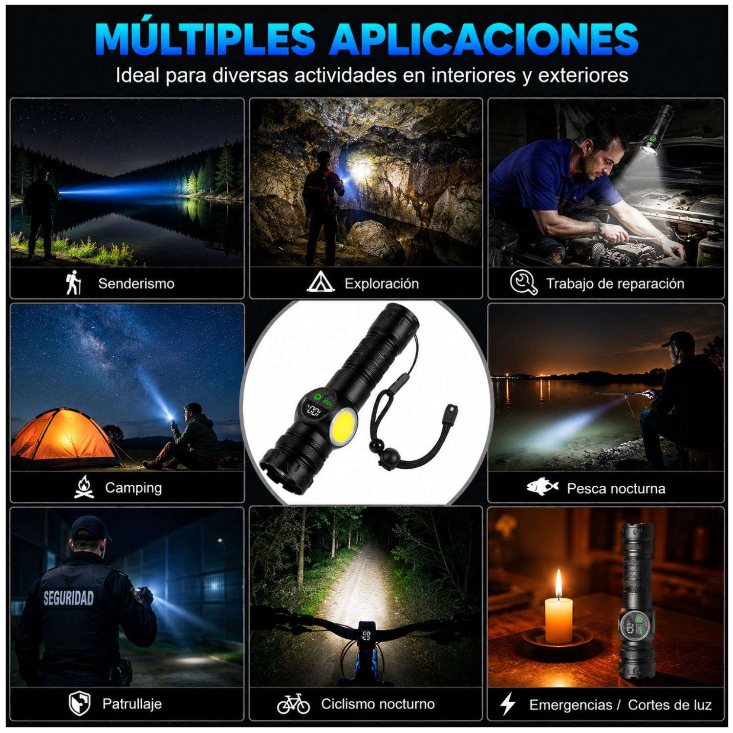 LINTERNA TÁCTICA PROFESIONAL 2000LM RECARGABLE USB-C CON IMÁN POTENTE LUZ COB ZOOM AJUSTABLE Y POWER BANK - 8