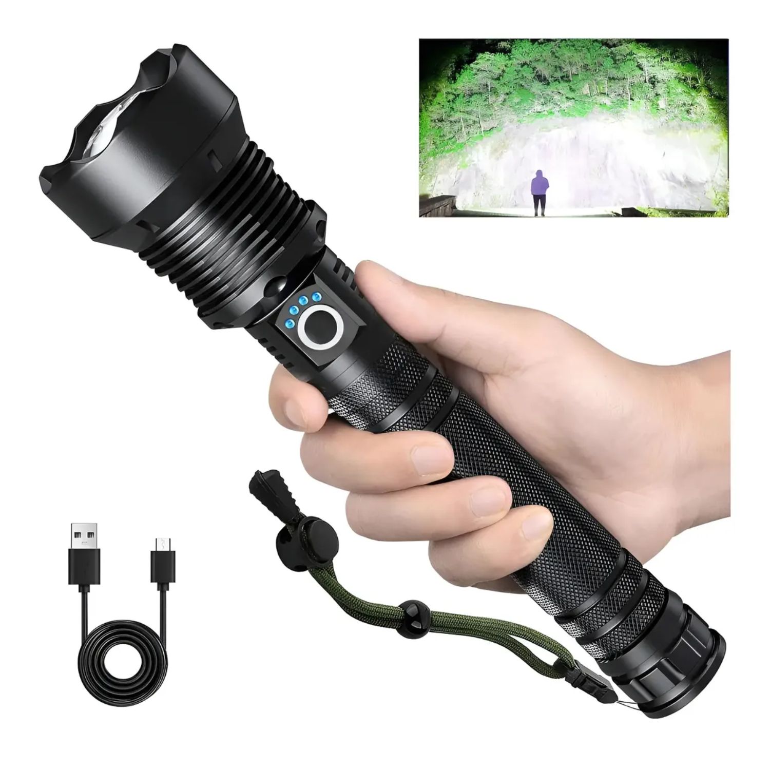 LINTERNA TÁCTICA RECARGABLE 3000LM LARGO ALCANCE HASTA 1000 METROS USB C ZOOM TELESCÓPICO IP65 - 1