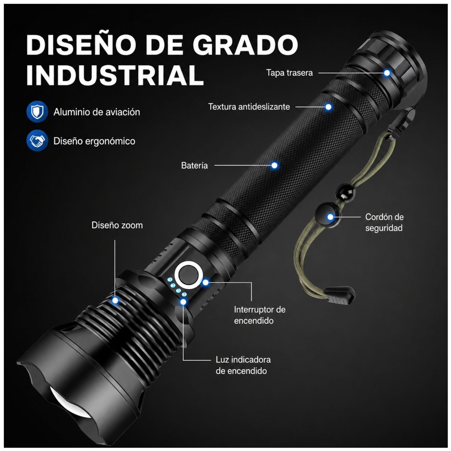 LINTERNA TÁCTICA RECARGABLE 3000LM LARGO ALCANCE HASTA 1000 METROS USB C ZOOM TELESCÓPICO IP65 - 4