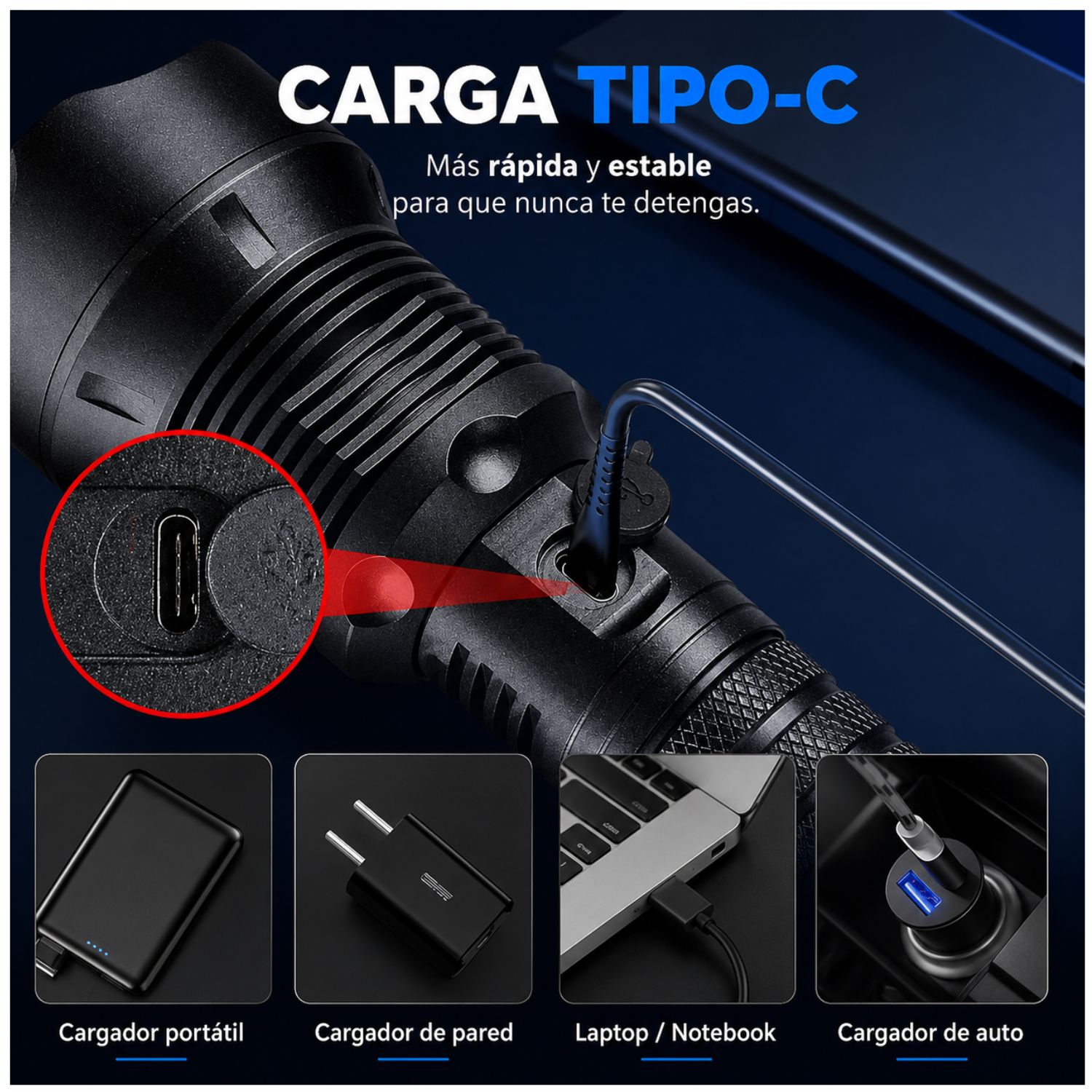 LINTERNA TÁCTICA RECARGABLE 3000LM LARGO ALCANCE HASTA 1000 METROS USB C ZOOM TELESCÓPICO IP65 - 5
