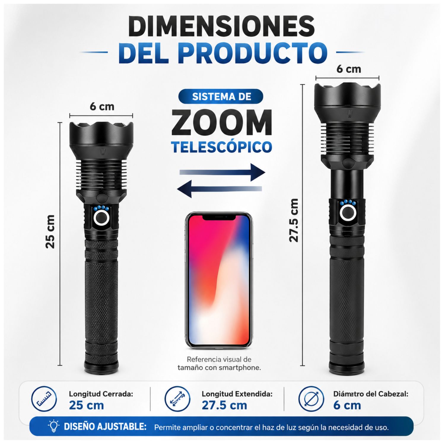 LINTERNA TÁCTICA RECARGABLE 3000LM LARGO ALCANCE HASTA 1000 METROS USB C ZOOM TELESCÓPICO IP65 - 6