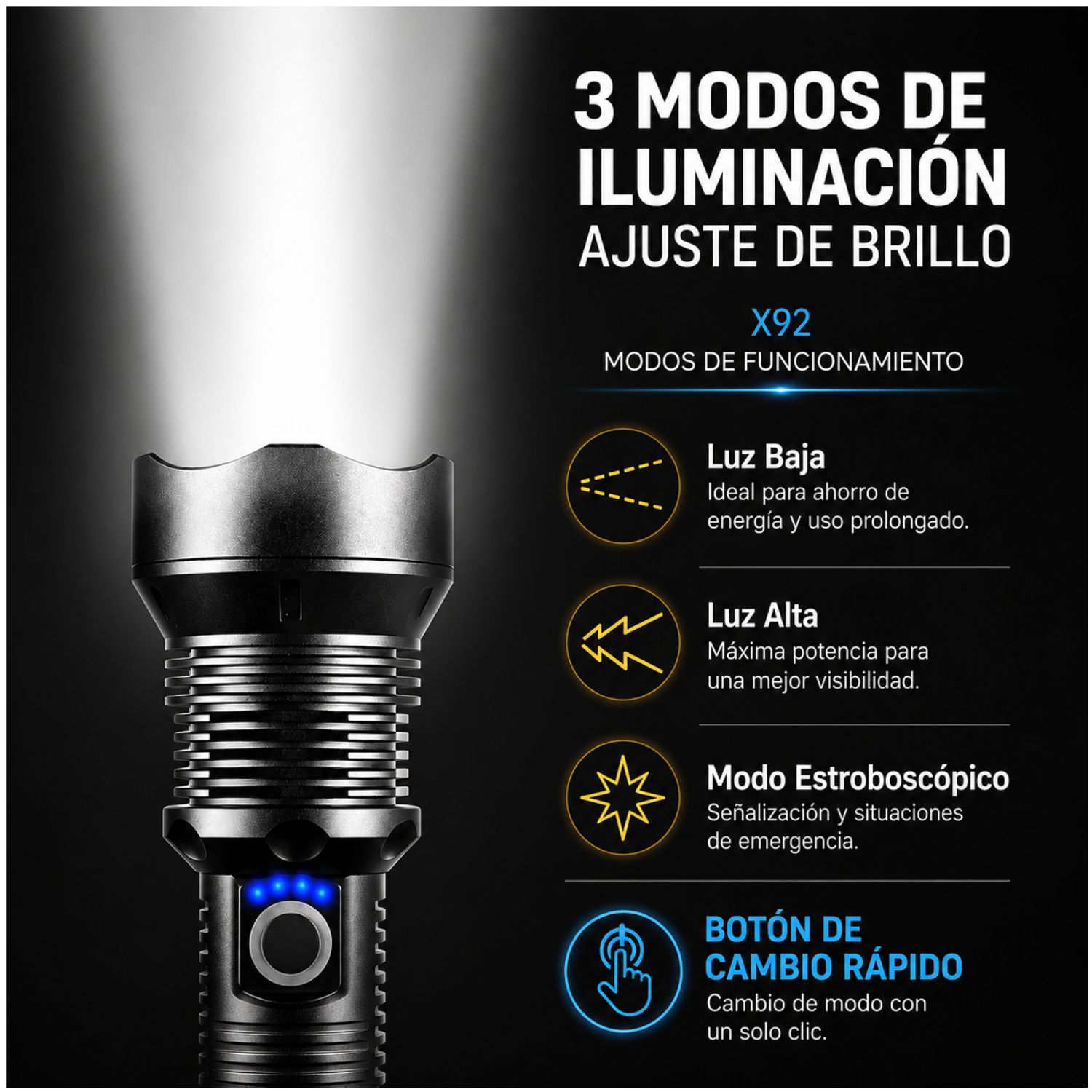 LINTERNA TÁCTICA RECARGABLE 3000LM LARGO ALCANCE HASTA 1000 METROS USB C ZOOM TELESCÓPICO IP65 - 8