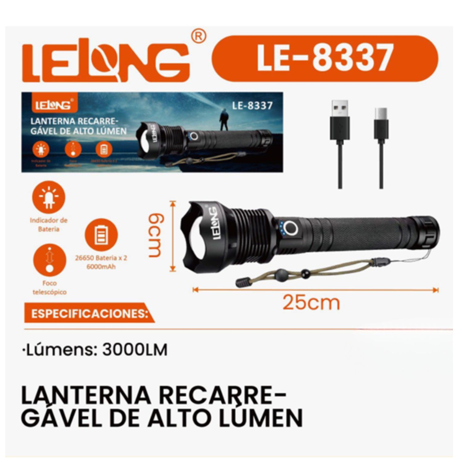 LINTERNA TÁCTICA RECARGABLE 3000LM LARGO ALCANCE HASTA 1000 METROS USB C ZOOM TELESCÓPICO IP65 - 9