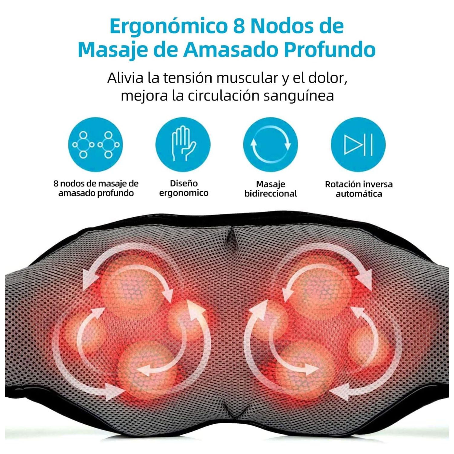 MASAJEADOR SHIATSU CUELLO ESPALDA CON CALOR RECARGABLE AZUL - 2