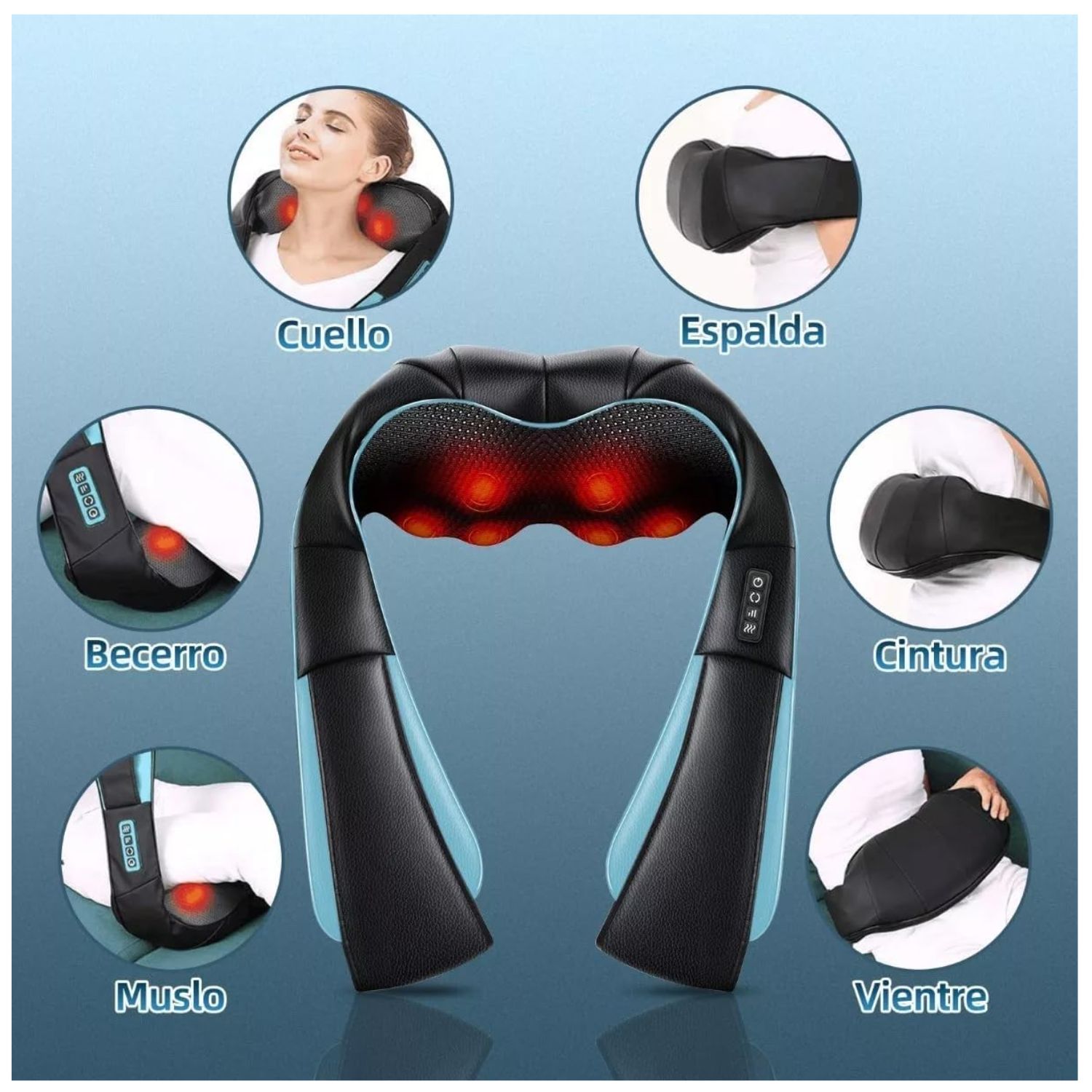MASAJEADOR SHIATSU CUELLO ESPALDA CON CALOR RECARGABLE AZUL - 6