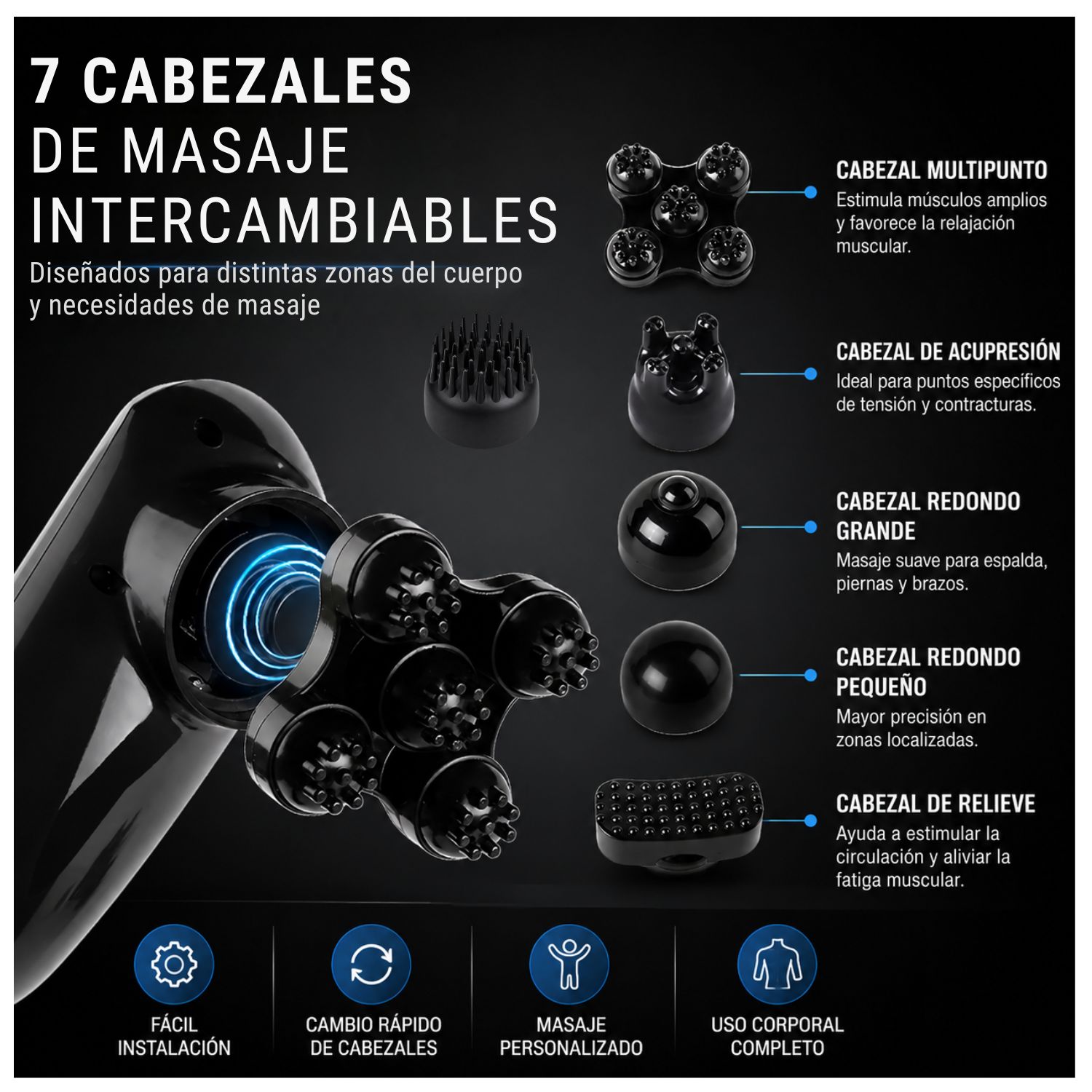 MASAJEADOR CORPORAL ELÉCTRICO DE PERCUSIÓN PROFUNDA CON 7 CABEZALES INTERCAMBIABLES 12 MODOS Y 10 INTENSIDADES - 4