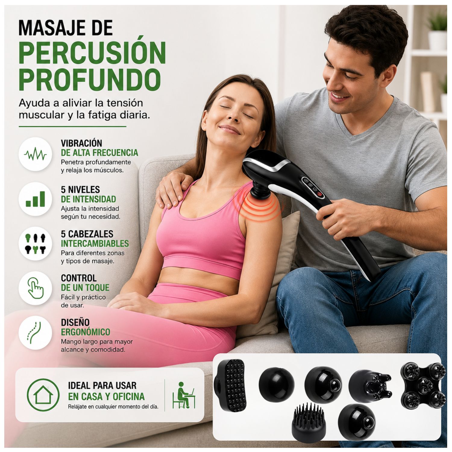 MASAJEADOR CORPORAL ELÉCTRICO DE PERCUSIÓN PROFUNDA CON 7 CABEZALES INTERCAMBIABLES 12 MODOS Y 10 INTENSIDADES - 6