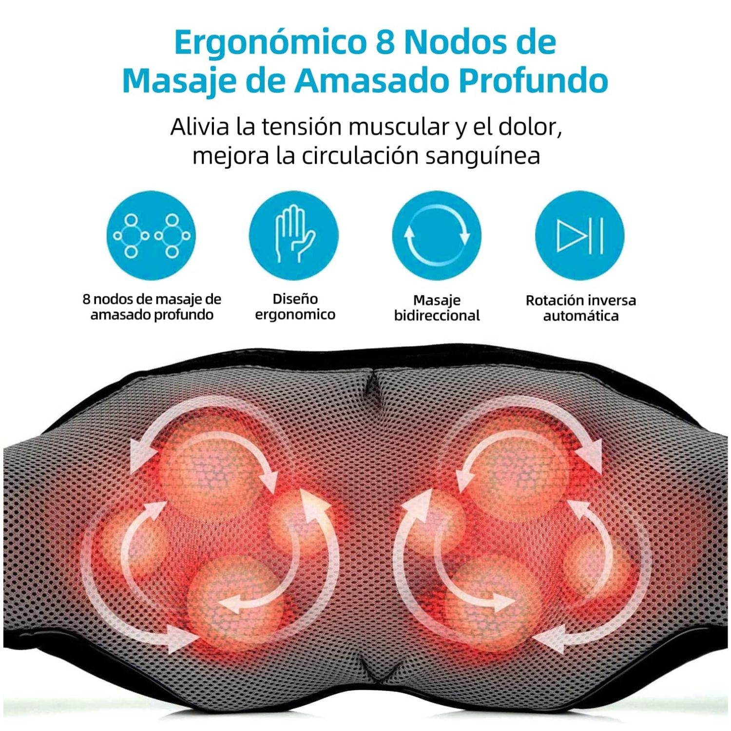 MASAJEADOR SHIATSU CUELLO ESPALDA CON CALOR RECARGABLE - 2