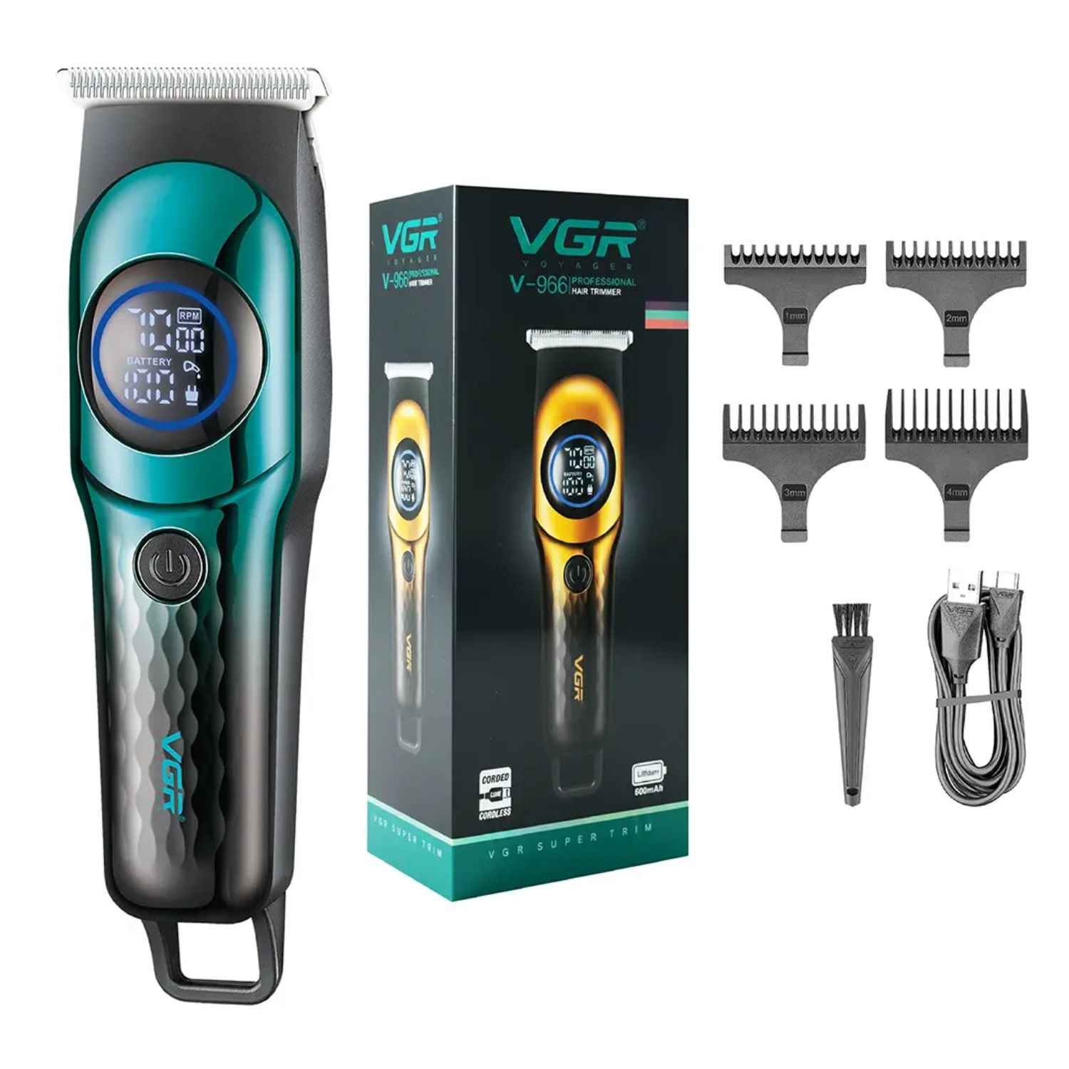 TRIMMER PROFESIONAL PARA CABELLO Y BARBA CON CUCHILLA T MOTOR 7000 RPM VGR V-966 VERDE - 1