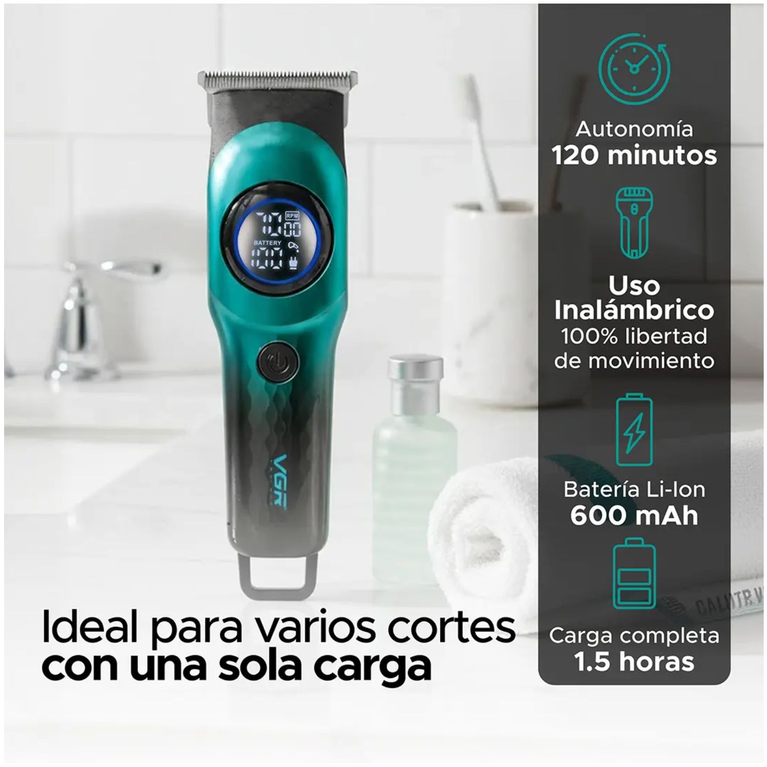 TRIMMER PROFESIONAL PARA CABELLO Y BARBA CON CUCHILLA T MOTOR 7000 RPM VGR V-966 VERDE - 4