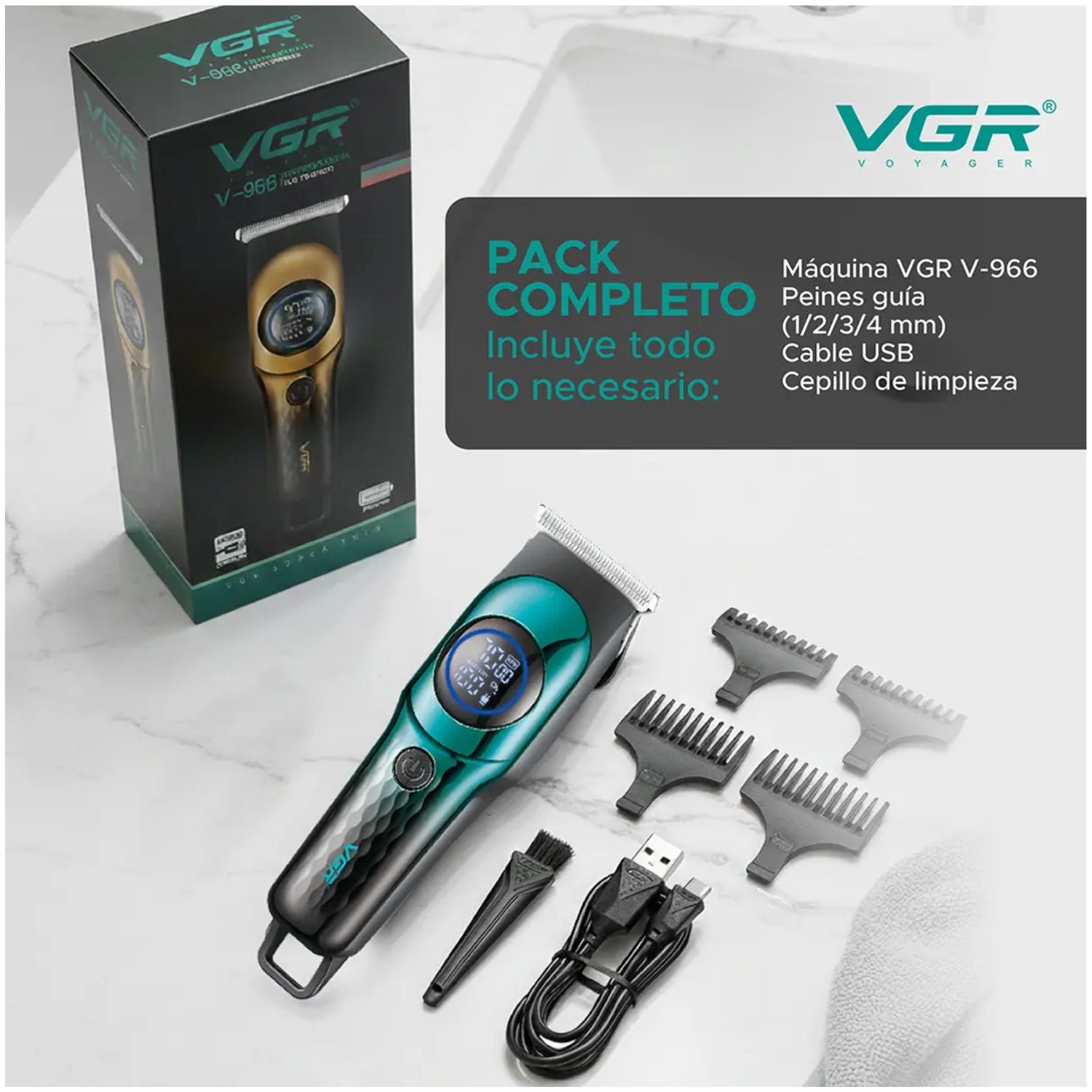 TRIMMER PROFESIONAL PARA CABELLO Y BARBA CON CUCHILLA T MOTOR 7000 RPM VGR V-966 VERDE - 8