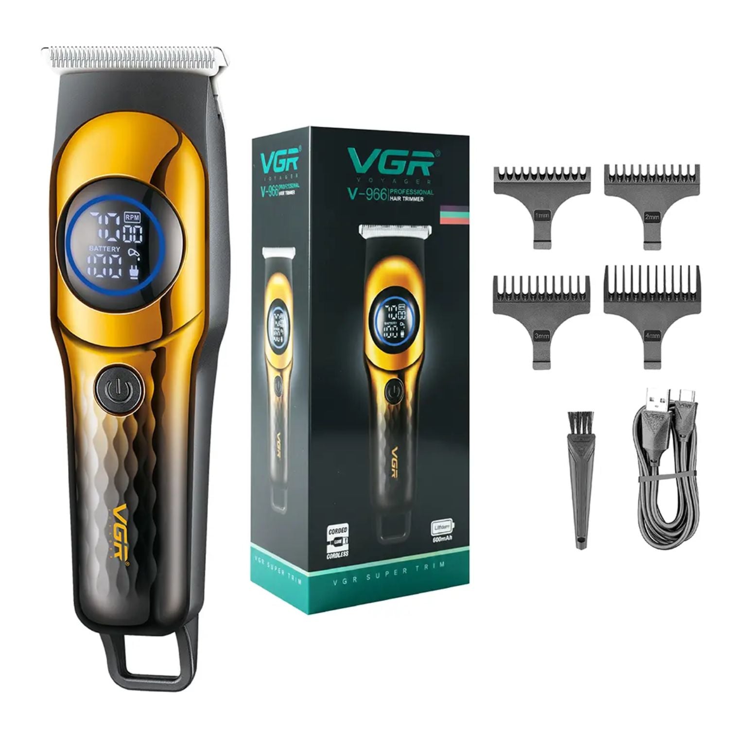 TRIMMER PROFESIONAL PARA CABELLO Y BARBA CON CUCHILLA T MOTOR 7000 RPM VGR V-966 DORADO - 1