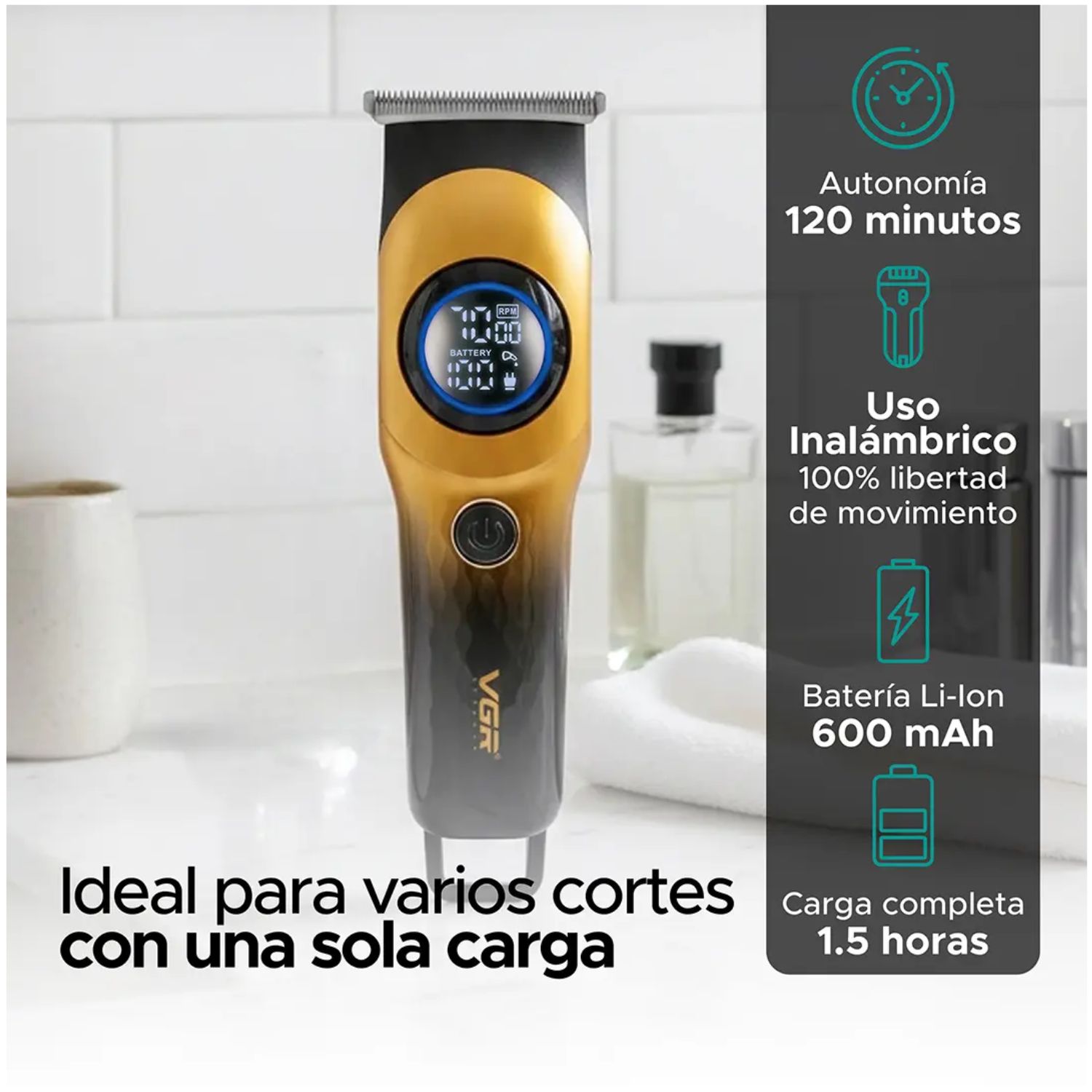 TRIMMER PROFESIONAL PARA CABELLO Y BARBA CON CUCHILLA T MOTOR 7000 RPM VGR V-966 DORADO - 4