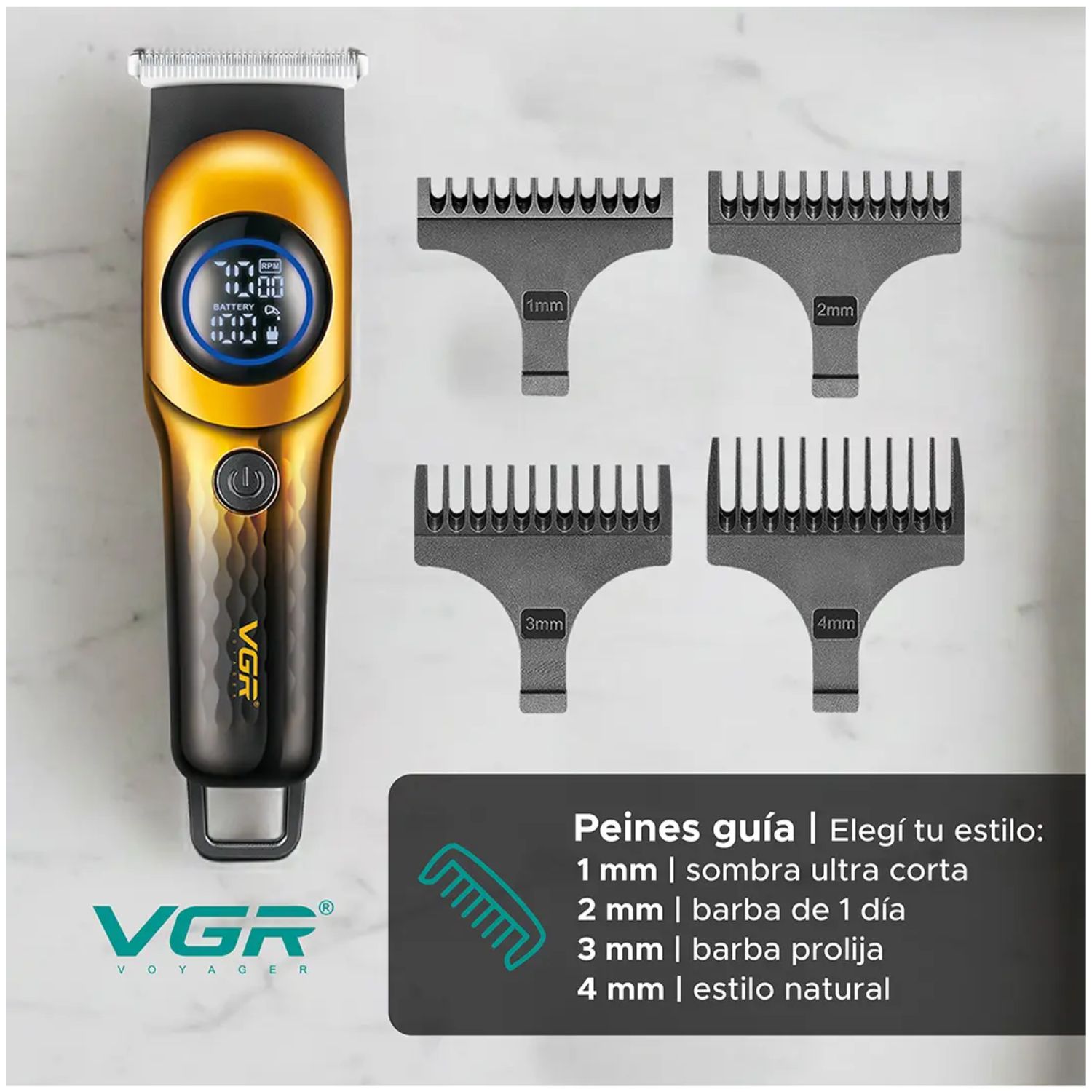 TRIMMER PROFESIONAL PARA CABELLO Y BARBA CON CUCHILLA T MOTOR 7000 RPM VGR V-966 DORADO - 8