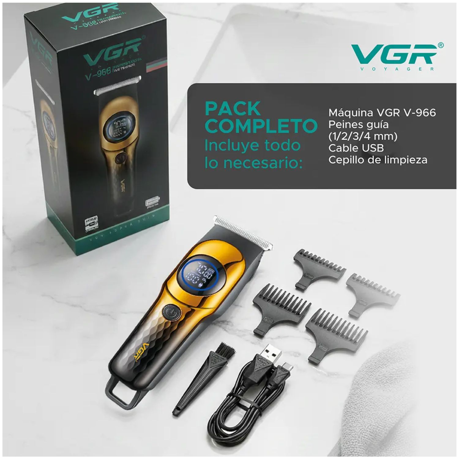TRIMMER PROFESIONAL PARA CABELLO Y BARBA CON CUCHILLA T MOTOR 7000 RPM VGR V-966 DORADO - 9