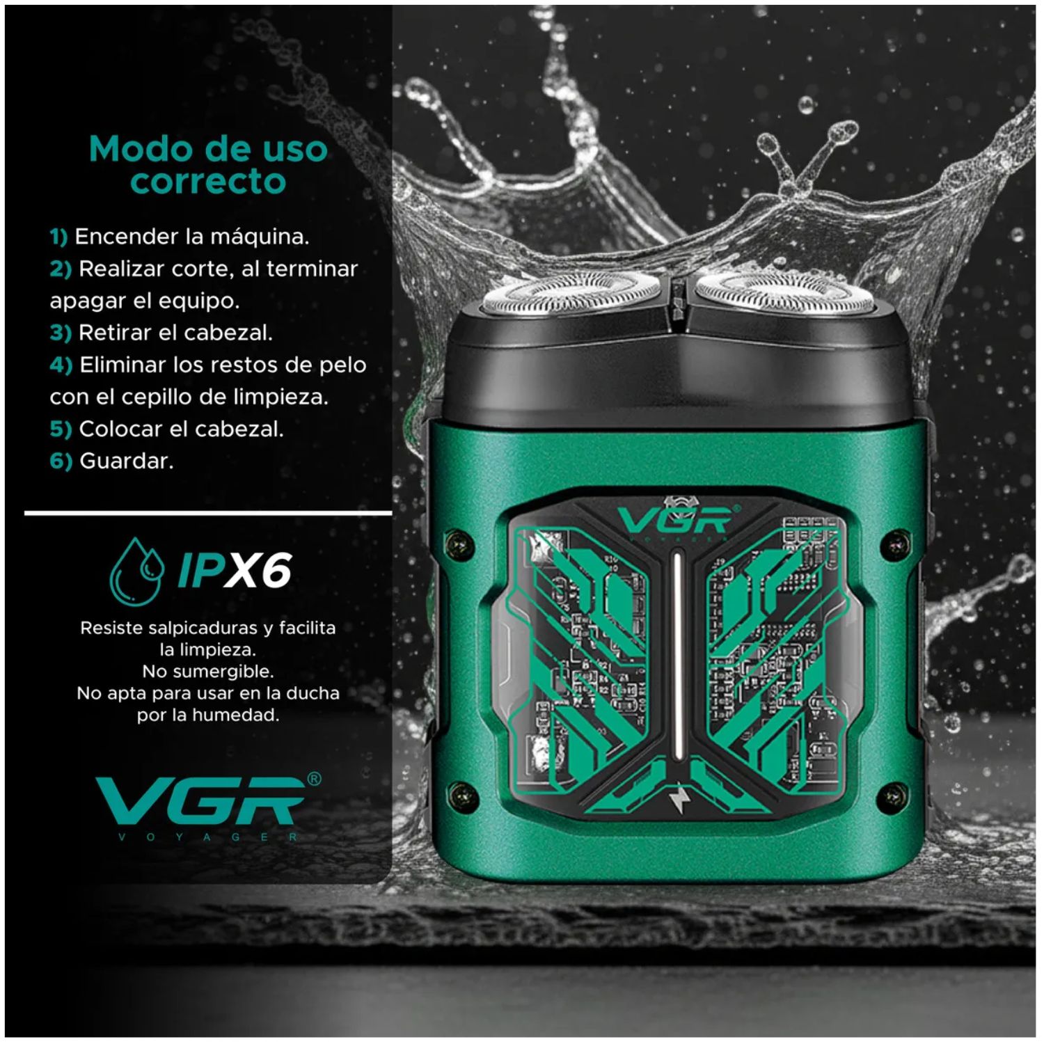 RASURADORA BARBA VGR V-344 ELÉCTRICA ROTATIVA USB-C IPX6 VERDE - 3