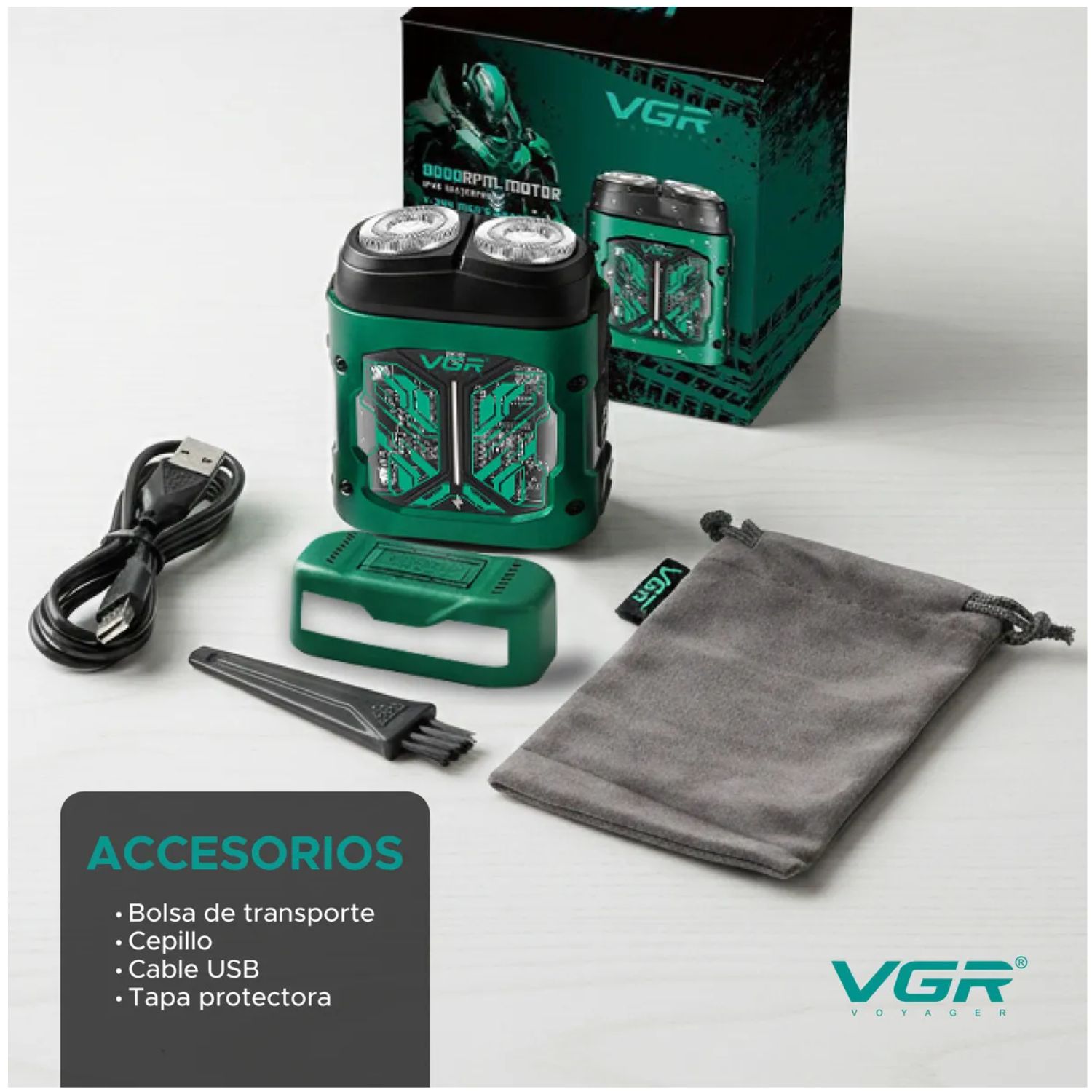 RASURADORA BARBA VGR V-344 ELÉCTRICA ROTATIVA USB-C IPX6 VERDE - 8