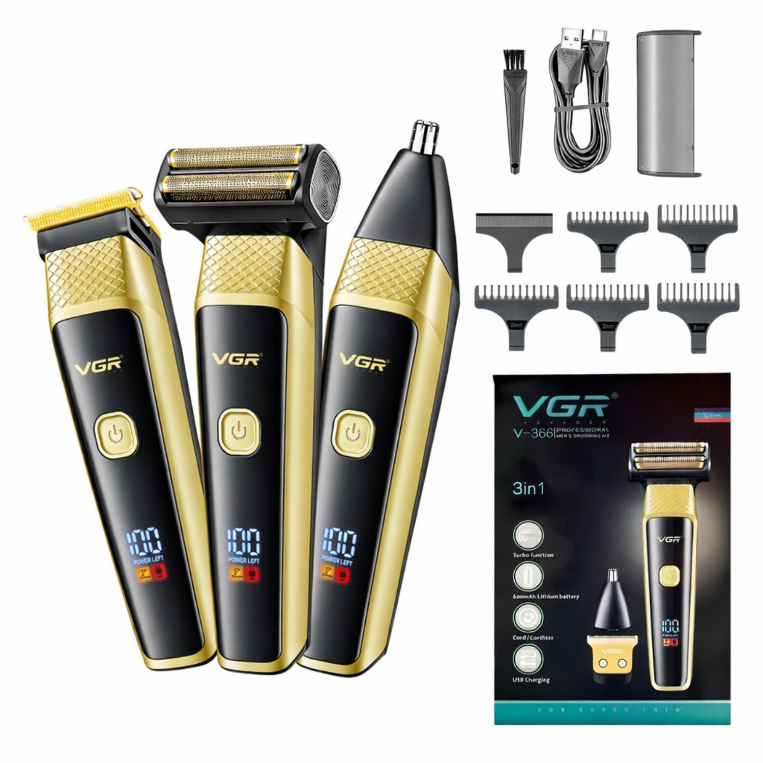 MÁQUINA CORTA PELO BARBA Y NARIZ 3 EN 1 RECARGABLE CON TURBO DORADO - 1
