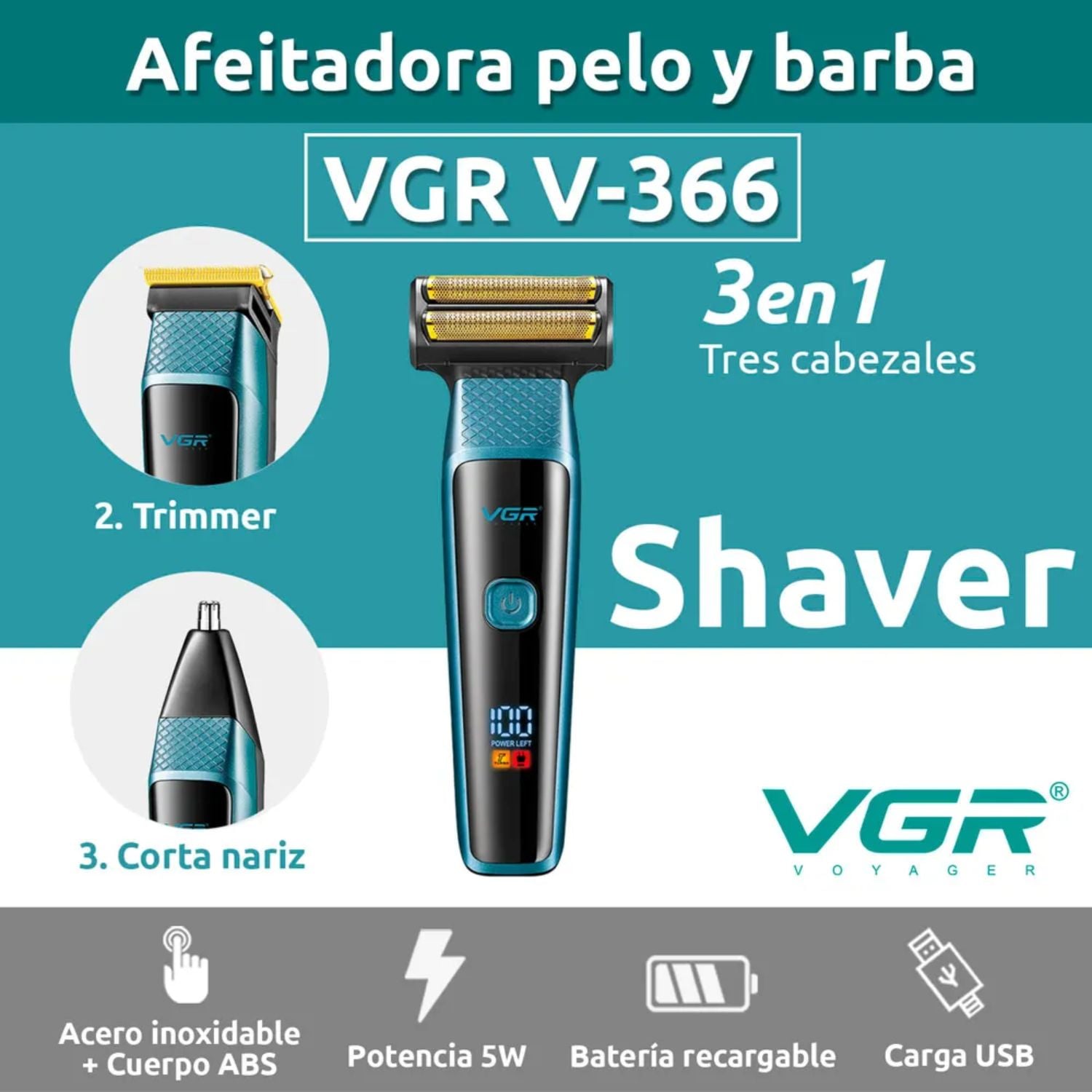 MÁQUINA CORTA PELO BARBA Y NARIZ 3 EN 1 RECARGABLE CON TURBO DORADO - 2