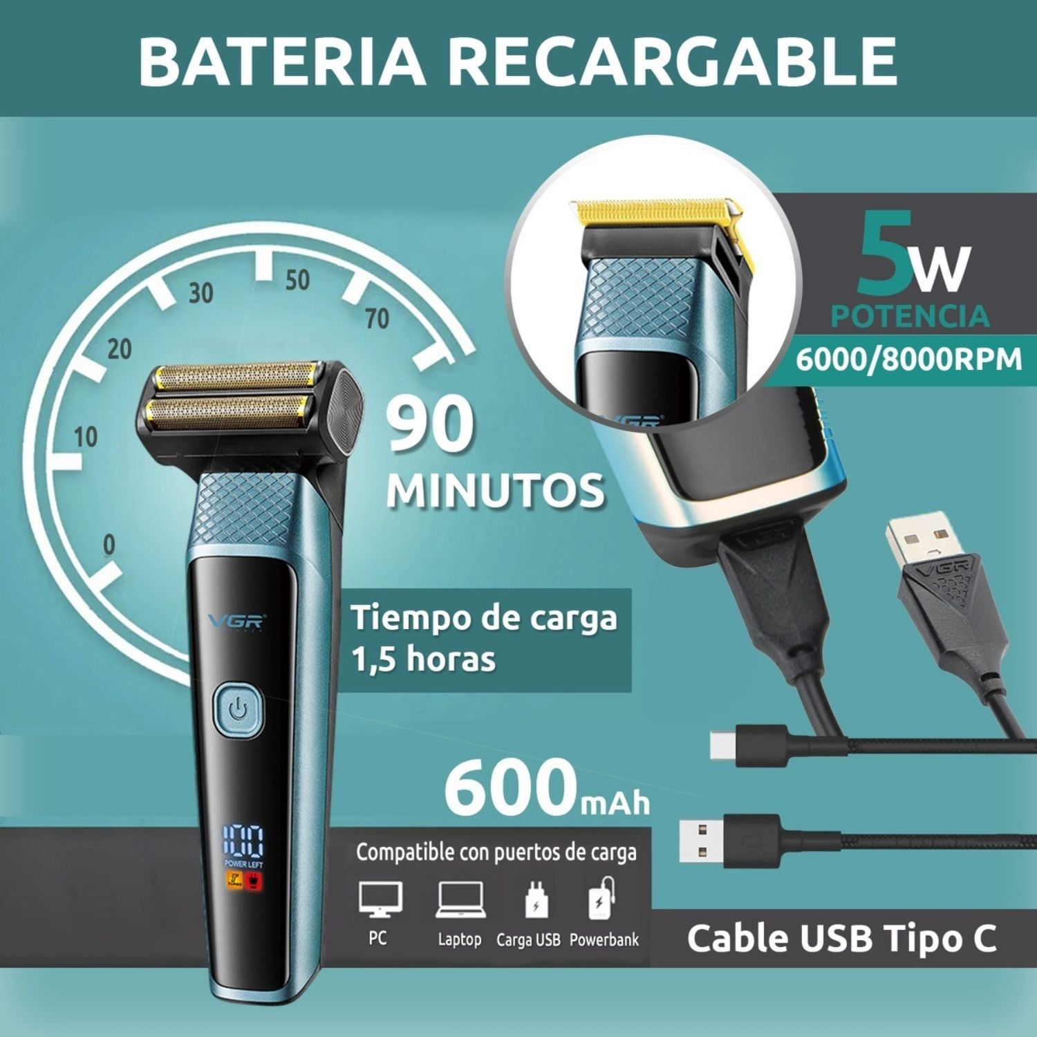 MÁQUINA CORTA PELO BARBA Y NARIZ 3 EN 1 RECARGABLE CON TURBO DORADO - 3
