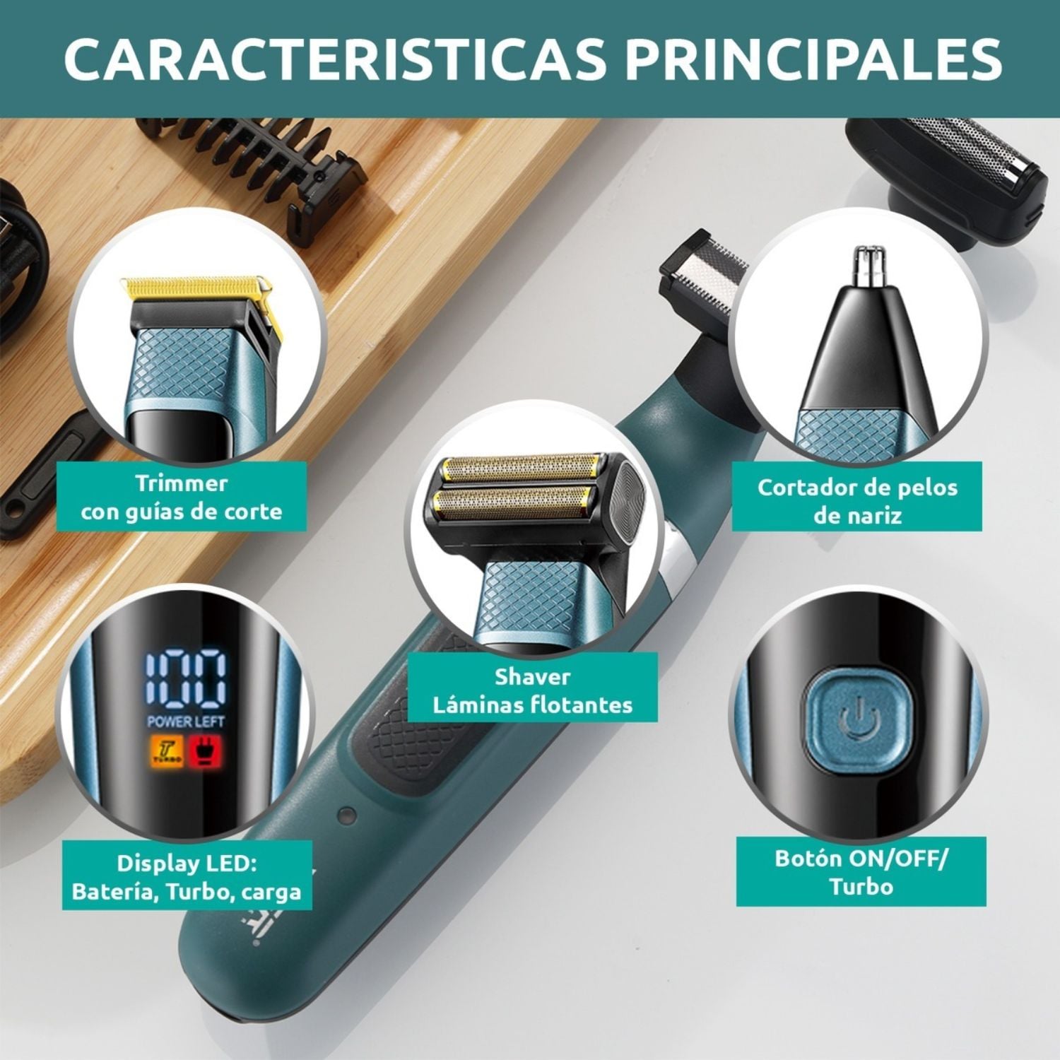 MÁQUINA CORTA PELO BARBA Y NARIZ 3 EN 1 RECARGABLE CON TURBO DORADO - 4