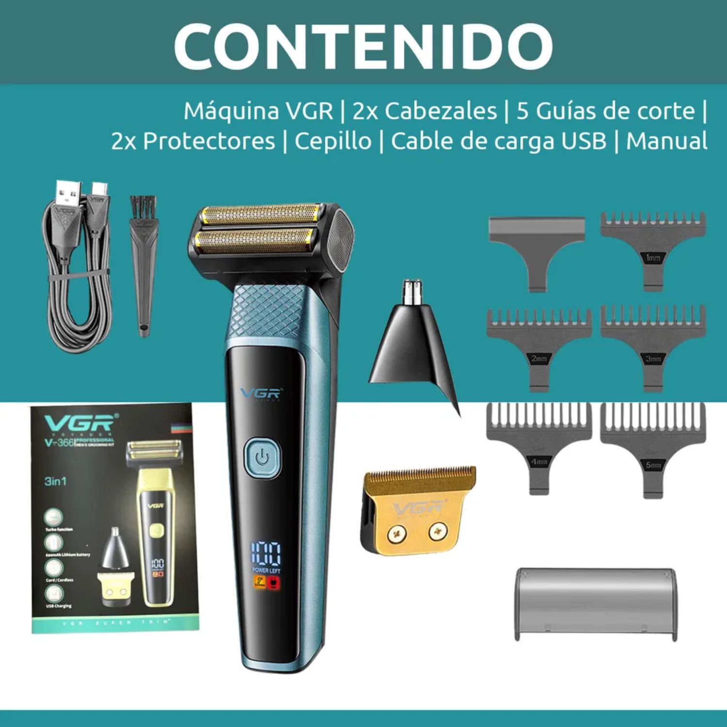 MÁQUINA CORTA PELO BARBA Y NARIZ 3 EN 1 RECARGABLE CON TURBO DORADO - 8