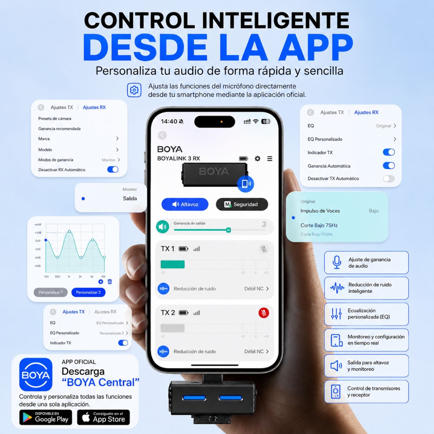 MICRÓFONO INALÁMBRICO PROFESIONAL USB-C CON CANCELACIÓN DE RUIDO IA BOYA BOYALINK 3-02 - 6