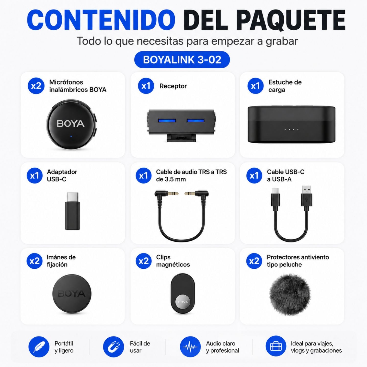 MICRÓFONO INALÁMBRICO PROFESIONAL USB-C CON CANCELACIÓN DE RUIDO IA BOYA BOYALINK 3-02 - 8