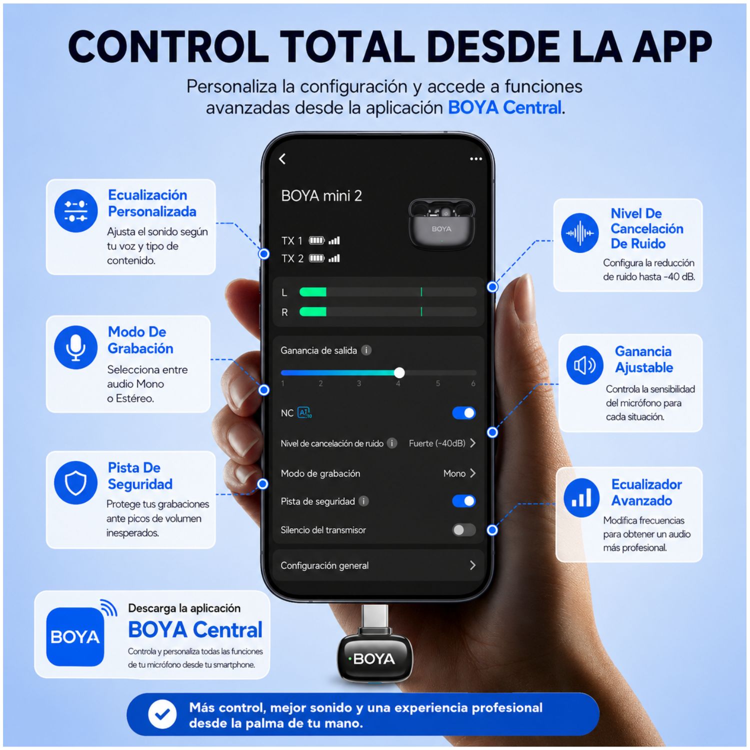 MICRÓFONO INALÁMBRICO BOYA MINI 2 USB C CON CANCELACIÓN DE RUIDO IA APP BOYA CENTRAL Y ESTUCHE DE CARGA - 5