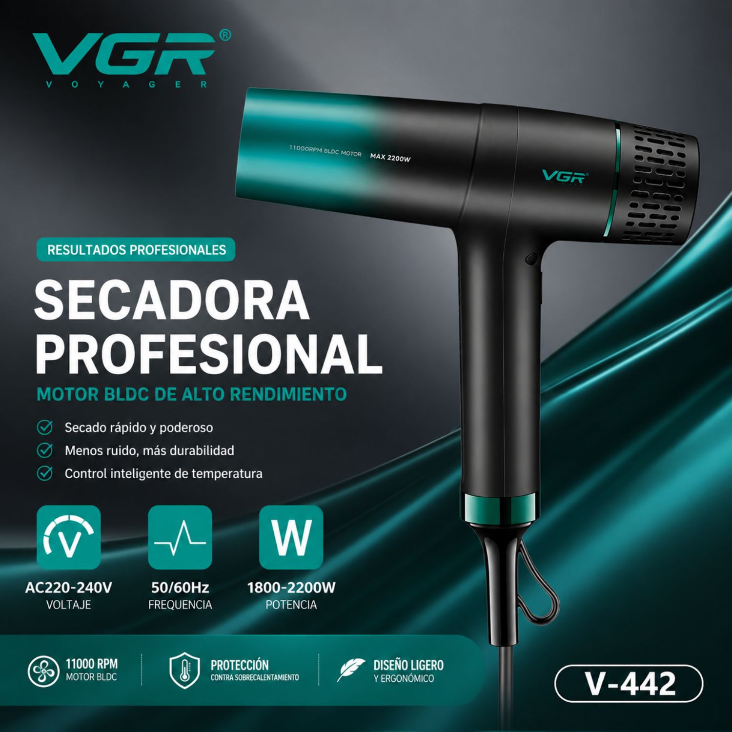 SECADOR DE CABELLO PROFESIONAL VGR V-442 BLDC 2200W IÓNICO SALÓN 110000RPM - 2