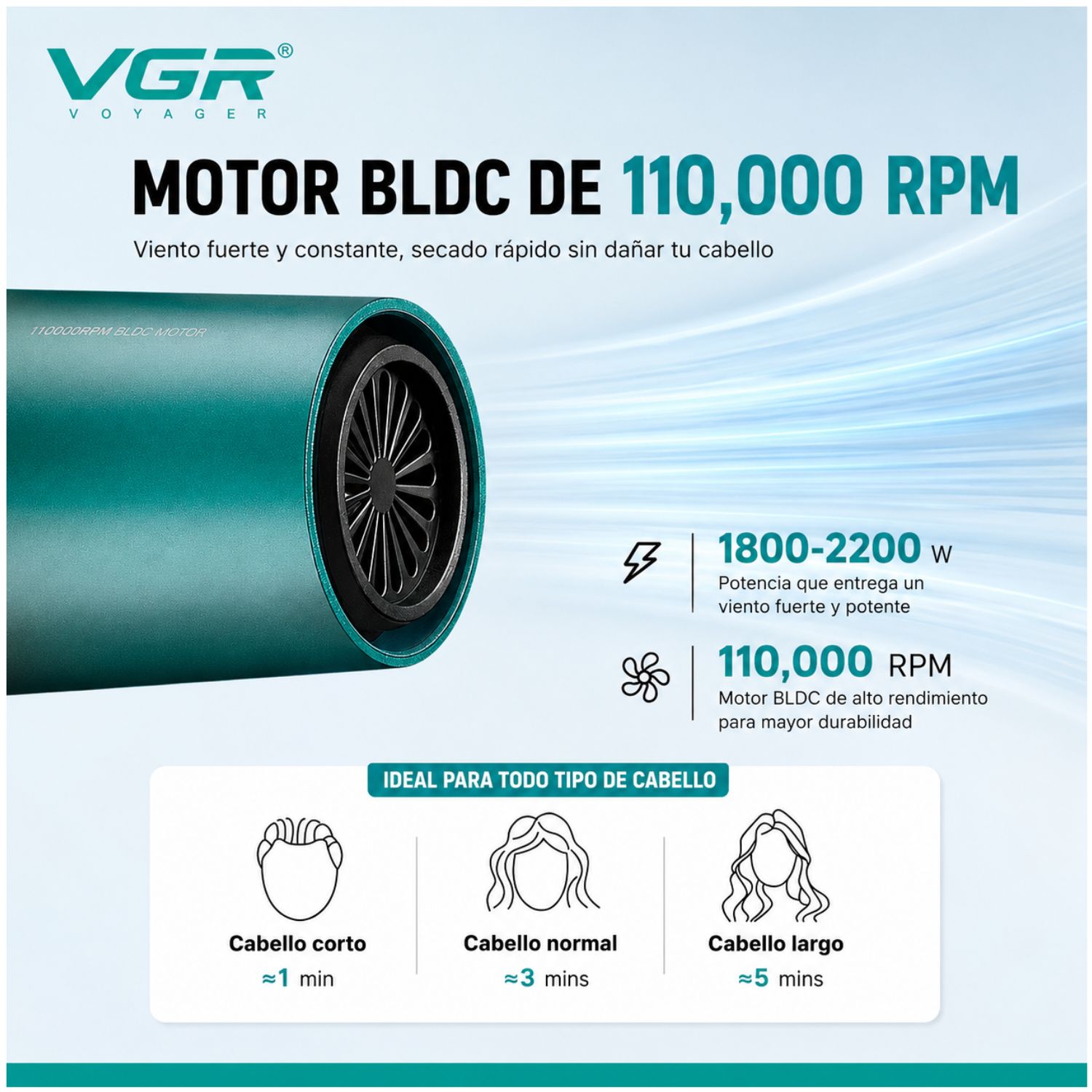 SECADOR DE CABELLO PROFESIONAL VGR V-442 BLDC 2200W IÓNICO SALÓN 110000RPM - 3