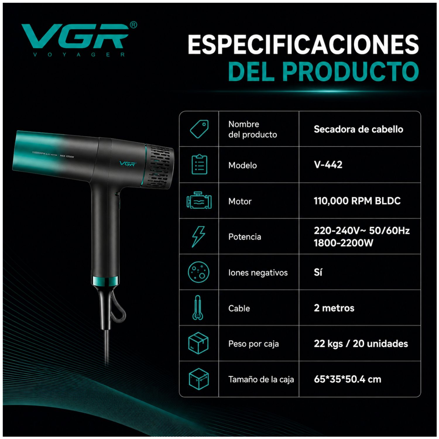 SECADOR DE CABELLO PROFESIONAL VGR V-442 BLDC 2200W IÓNICO SALÓN 110000RPM - 6