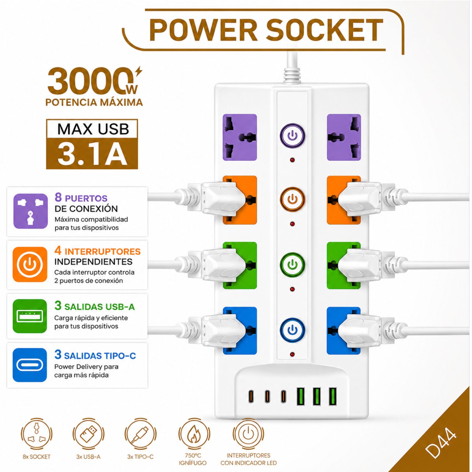 EXTENSIÓN ELÉCTRICA MULTITOMA REGLETA 8 TOMAS 3000W 3 USB 3 USB C 4 INTERRUPTORES CABLE 180 CM - 3