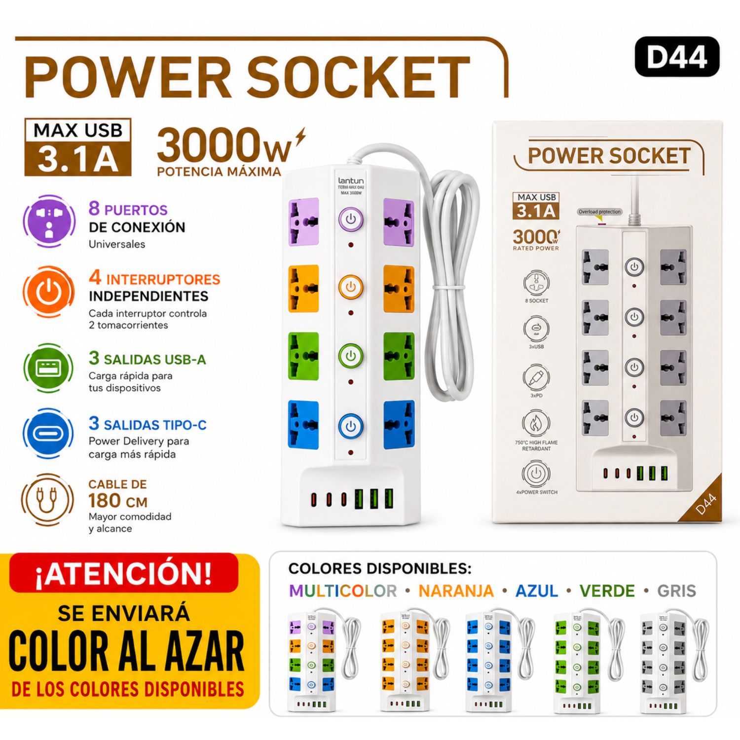 EXTENSIÓN ELÉCTRICA MULTITOMA REGLETA 8 TOMAS 3000W 3 USB 3 USB C 4 INTERRUPTORES CABLE 180 CM - 4