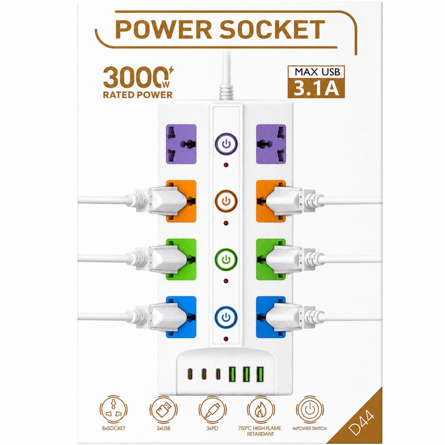 EXTENSIÓN ELÉCTRICA MULTITOMA REGLETA 8 TOMAS 3000W 3 USB 3 USB C 4 INTERRUPTORES CABLE 180 CM - 5