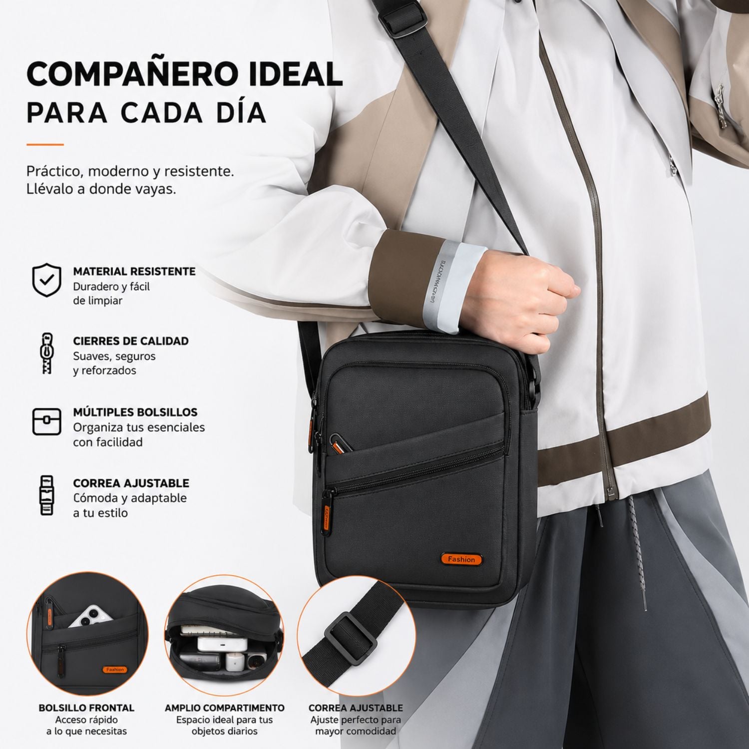 MORRAL IMPERMEABLE HOMBRE OXFORD PU BOLSO BANDOLERA CON MÚLTIPLES BOLSILLOS PARA TRABAJO VIAJES Y OFICINA - 2