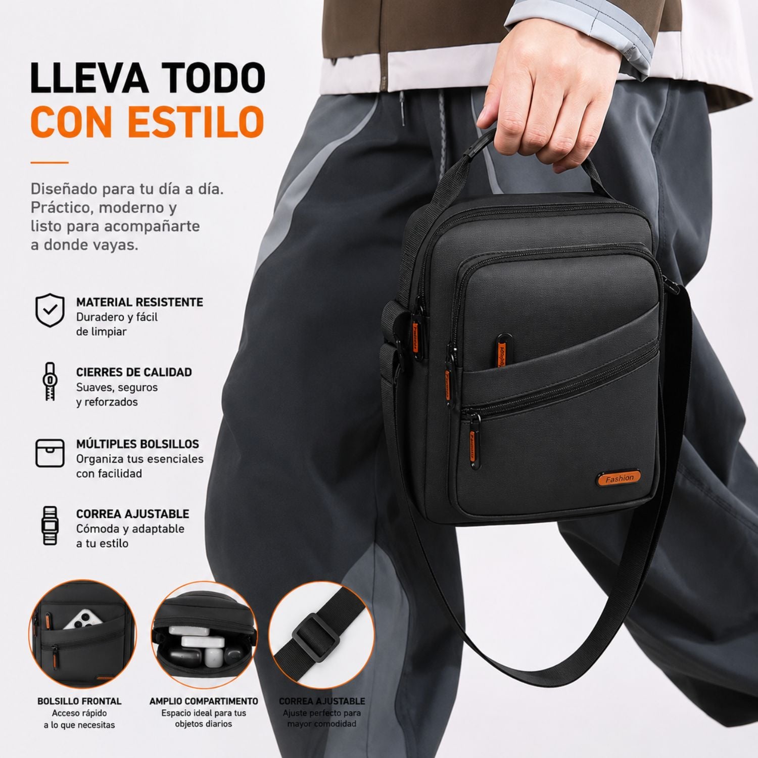 MORRAL IMPERMEABLE HOMBRE OXFORD PU BOLSO BANDOLERA CON MÚLTIPLES BOLSILLOS PARA TRABAJO VIAJES Y OFICINA - 3
