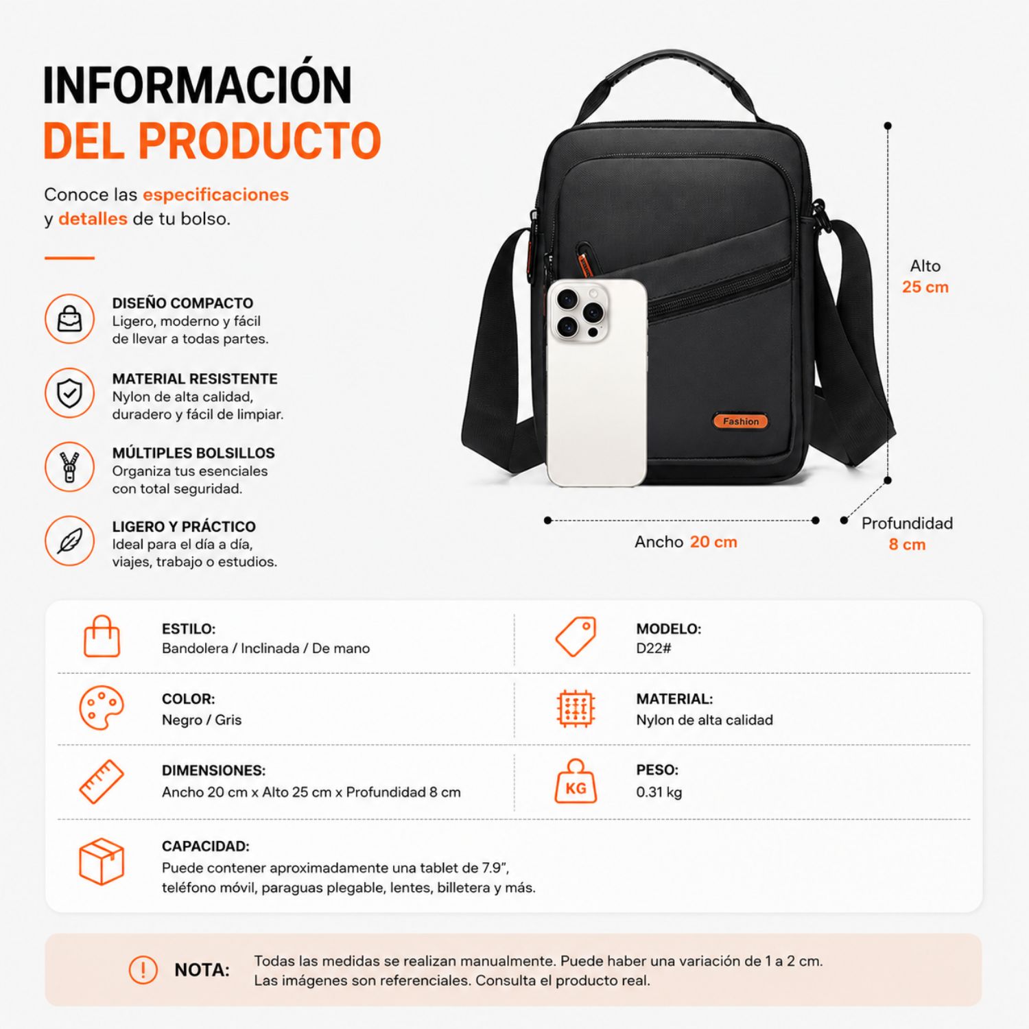 MORRAL IMPERMEABLE HOMBRE OXFORD PU BOLSO BANDOLERA CON MÚLTIPLES BOLSILLOS PARA TRABAJO VIAJES Y OFICINA - 7