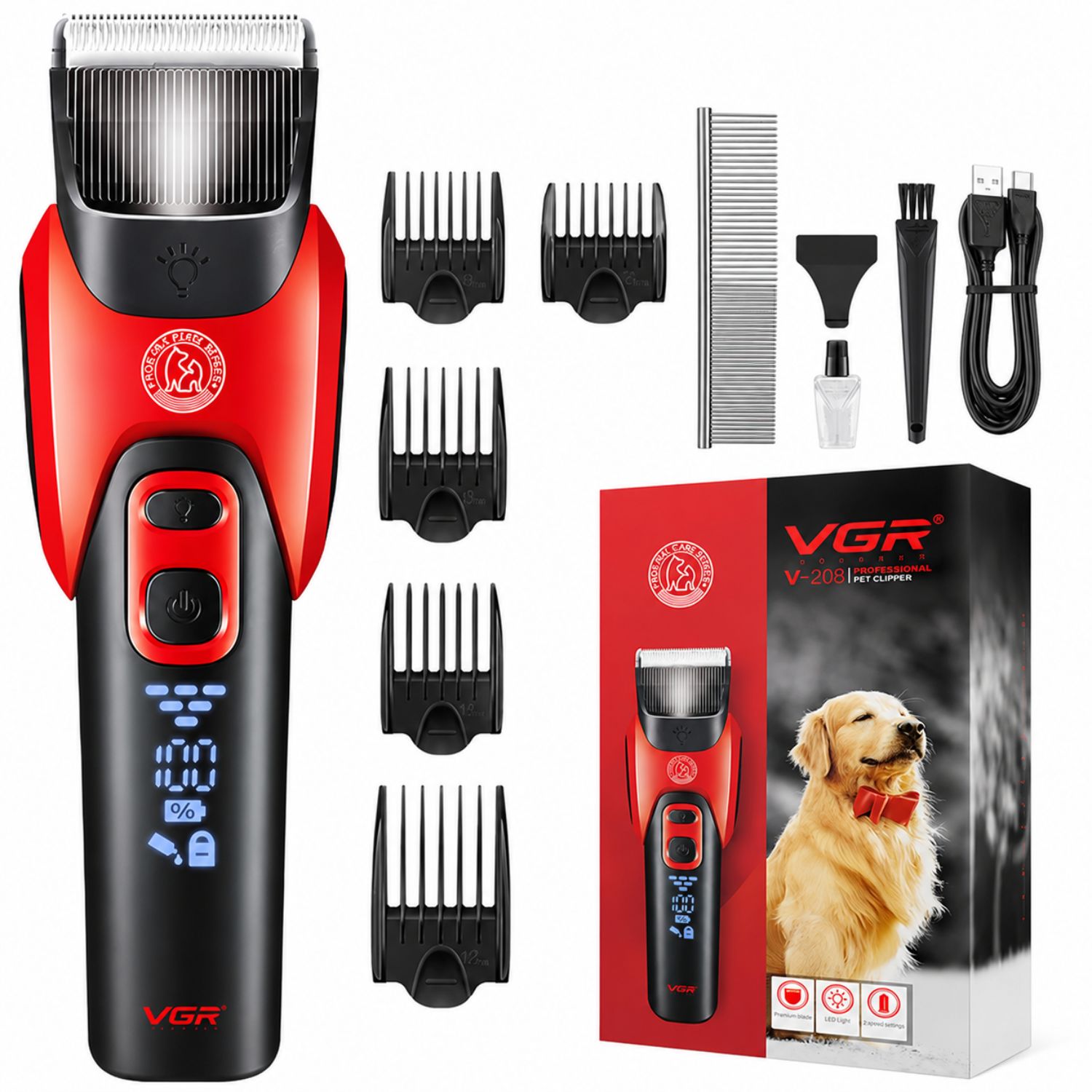 MÁQUINA CORTA PELO PARA MASCOTAS PROFESIONAL PERROS GATOS RECARGABLE USB C PANTALLA DIGITAL LUZ LED VGR V-208 - 1